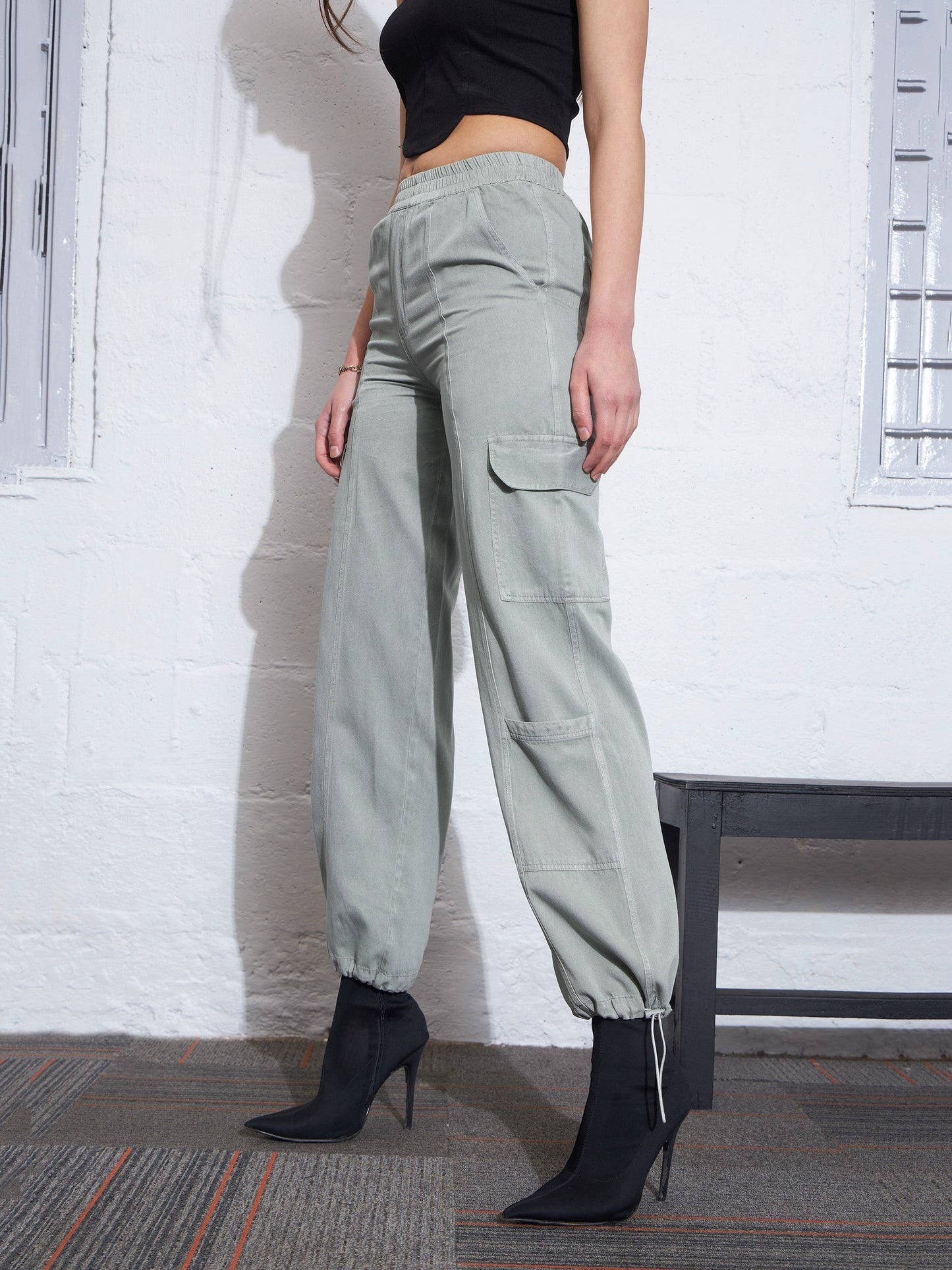 Women Green Twill Multi Pocket Jogger Cargos