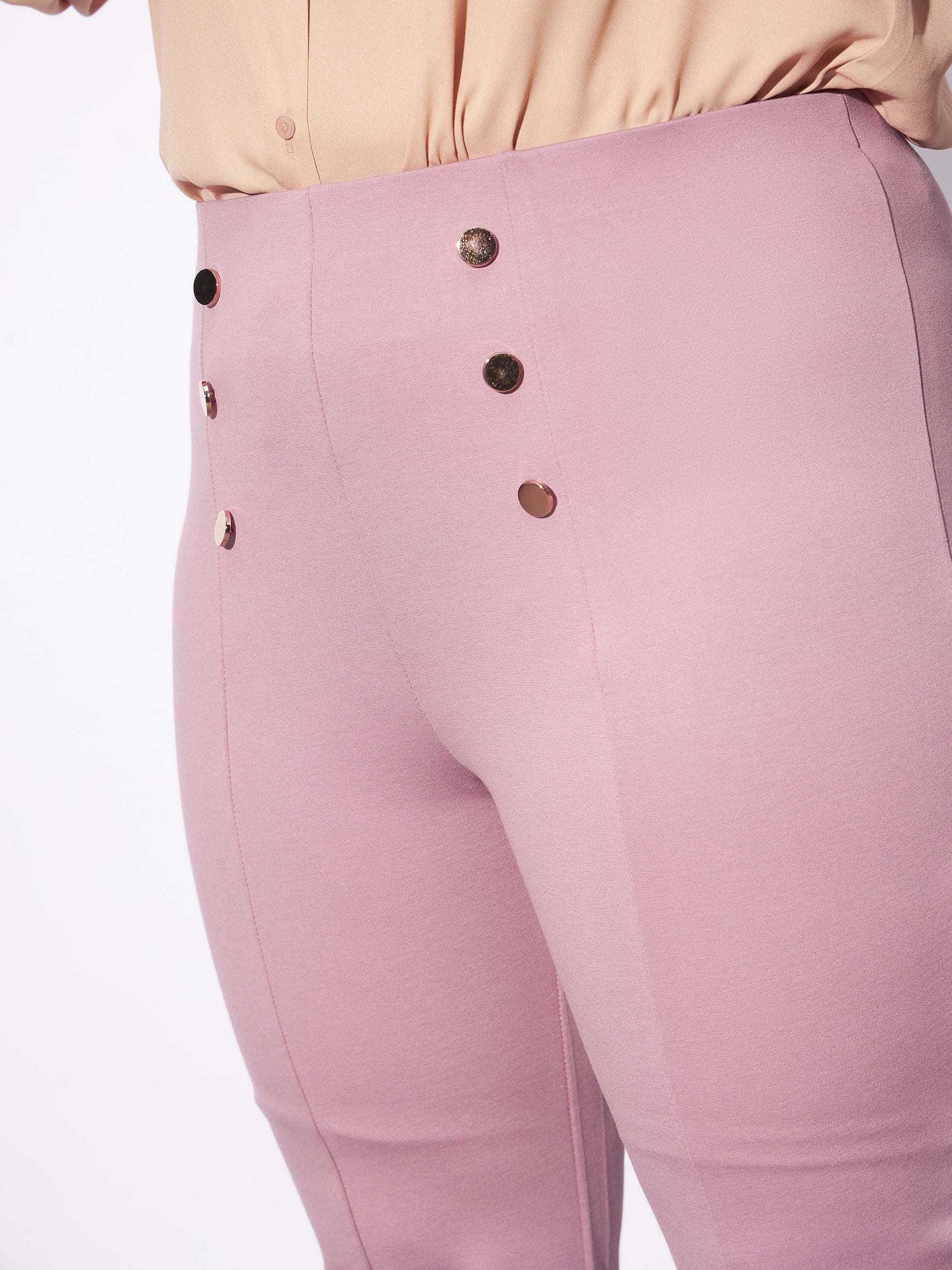 Pale Pink Mock Button Detail Bell Bottom Trousers-SASSAFRAS Curve