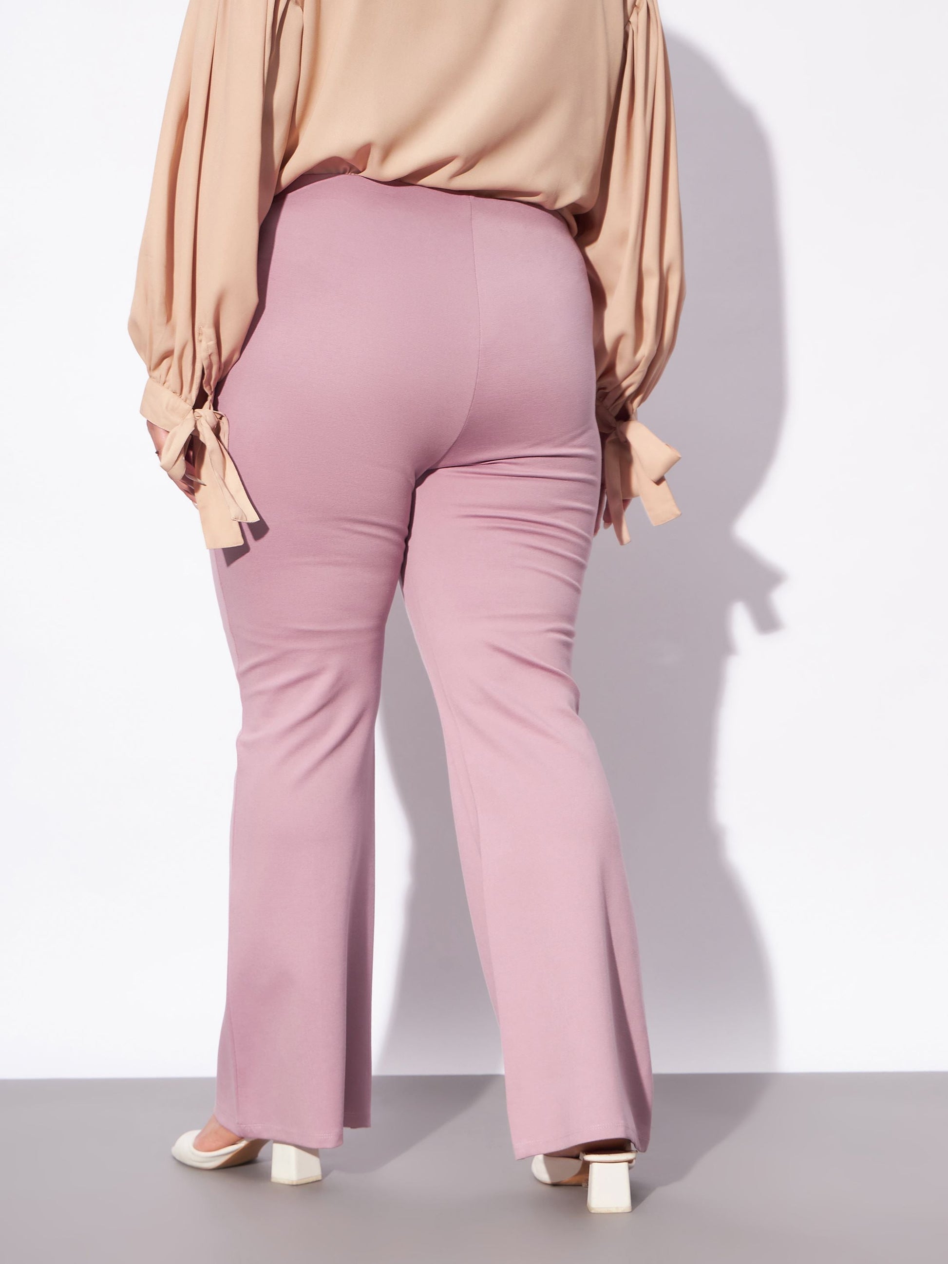 Pale Pink Mock Button Detail Bell Bottom Trousers-SASSAFRAS Curve