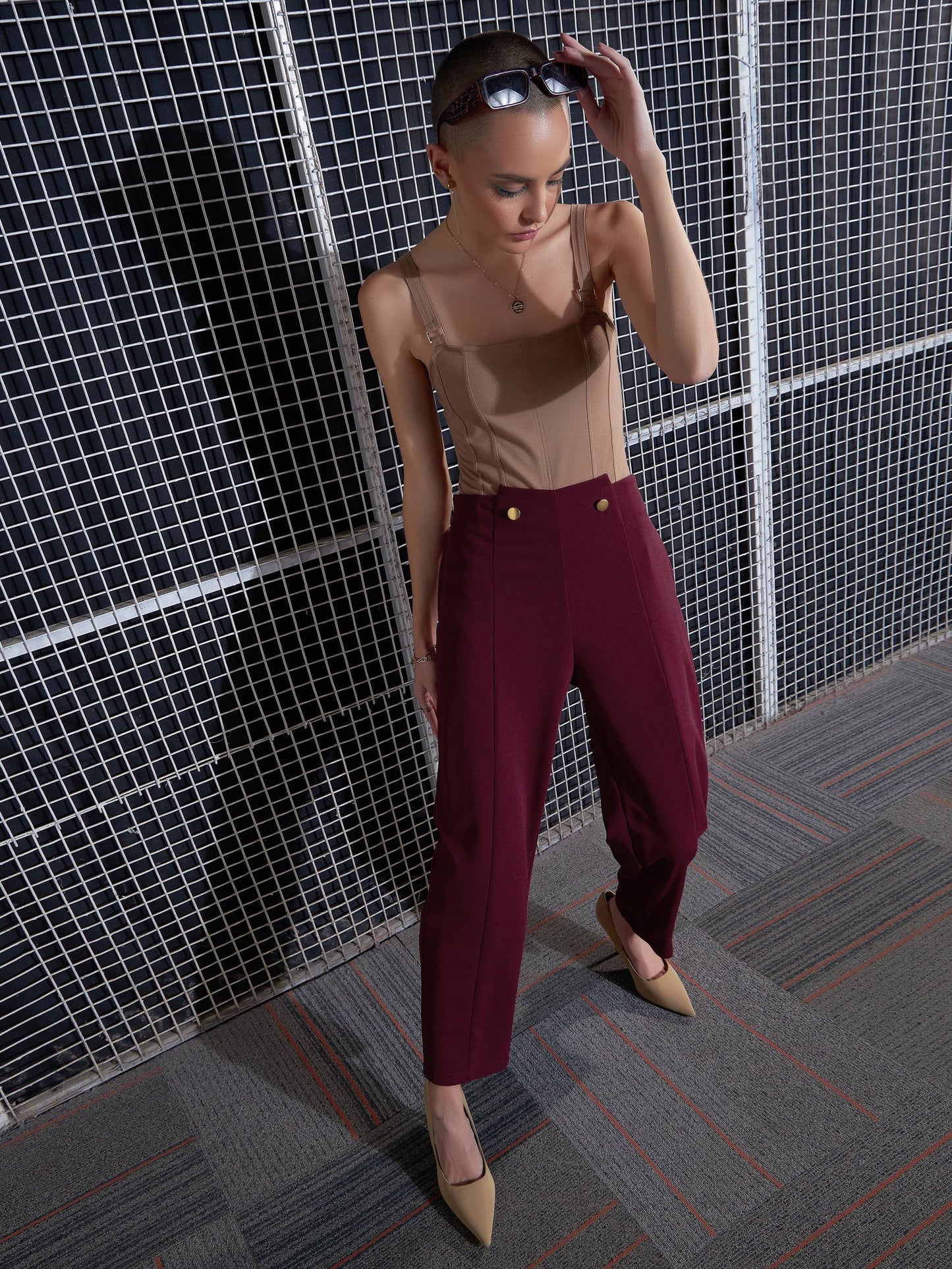 Women Red Waist Button Pants