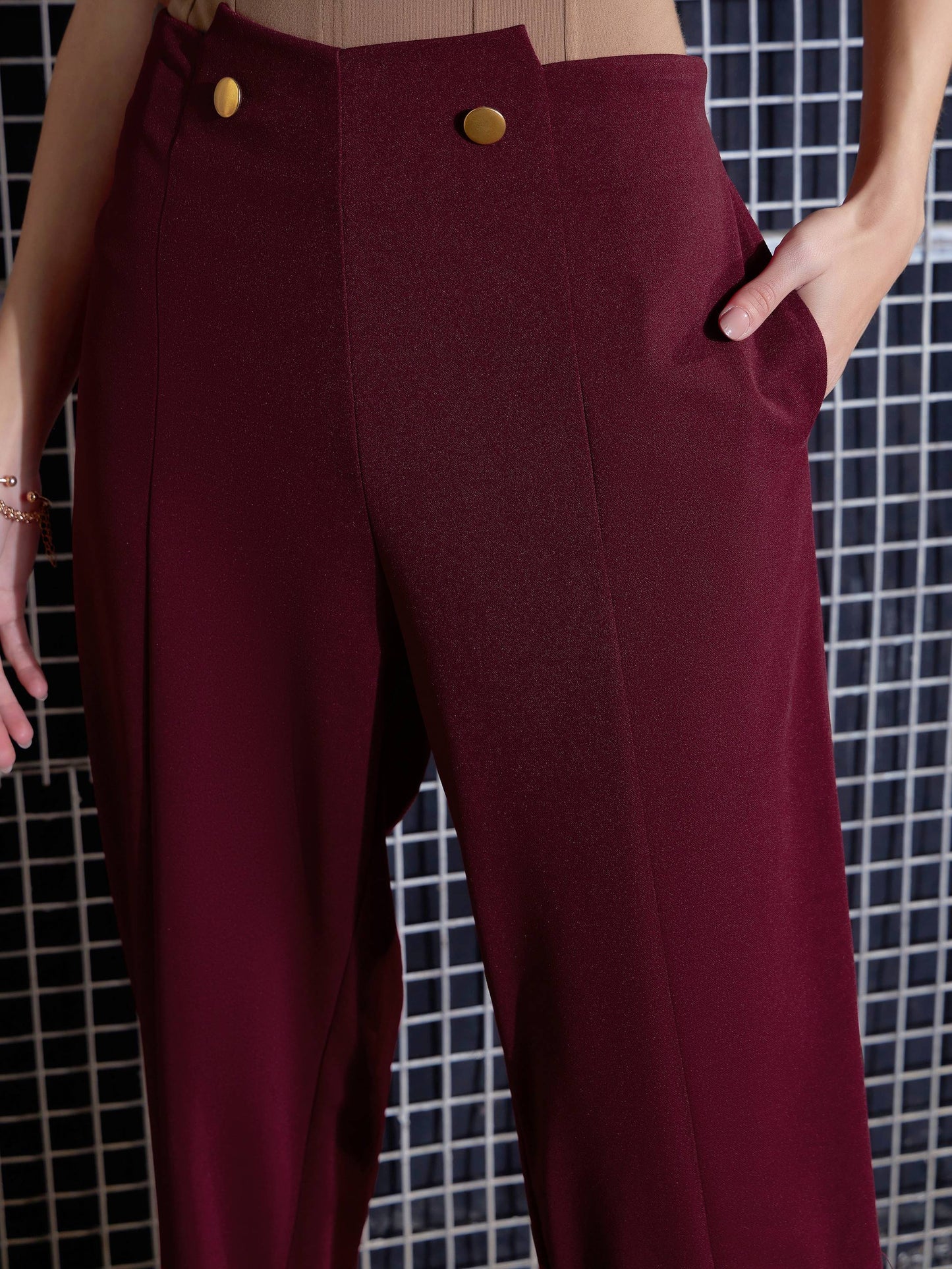 Women Red Waist Button Pants