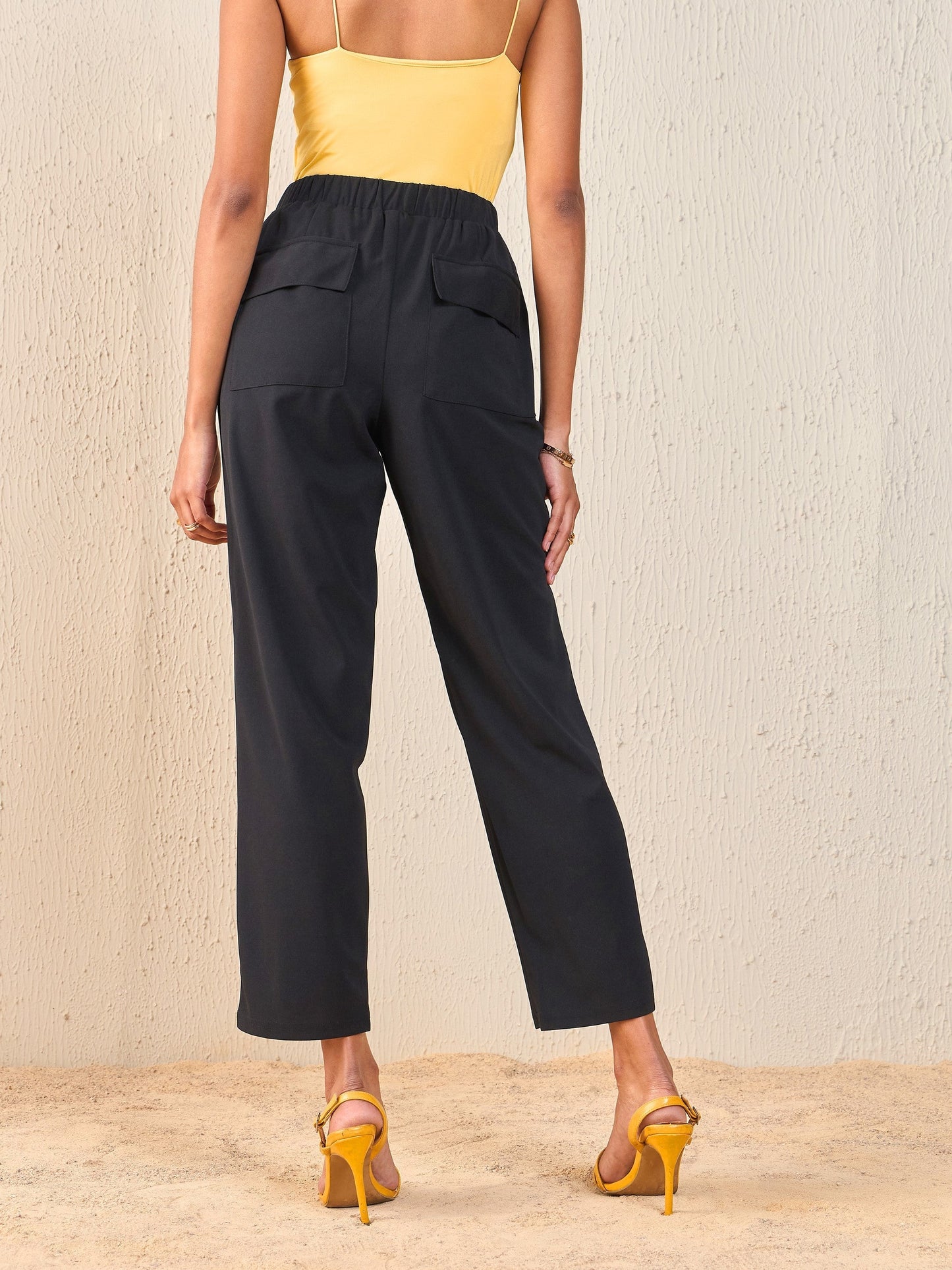 Black Back Flap Pocket Tapered Pants-SASSAFRAS
