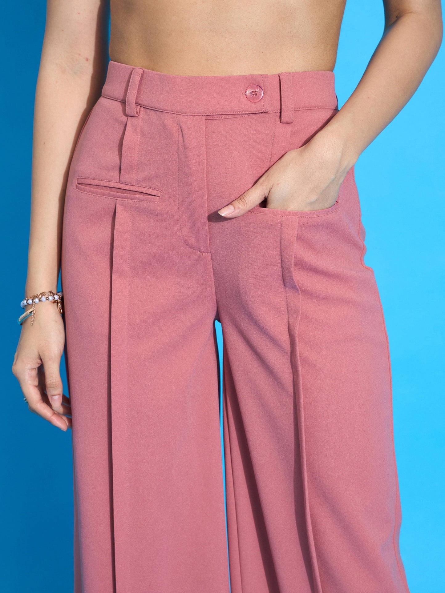 Peach Front Pleated Straight Fit Trousers-SASSAFRAS worklyf