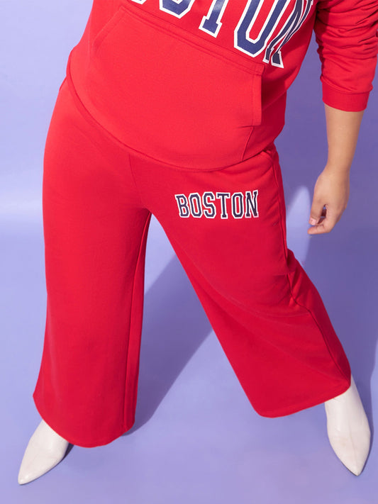 Women Red Fleece Boston Track Pants