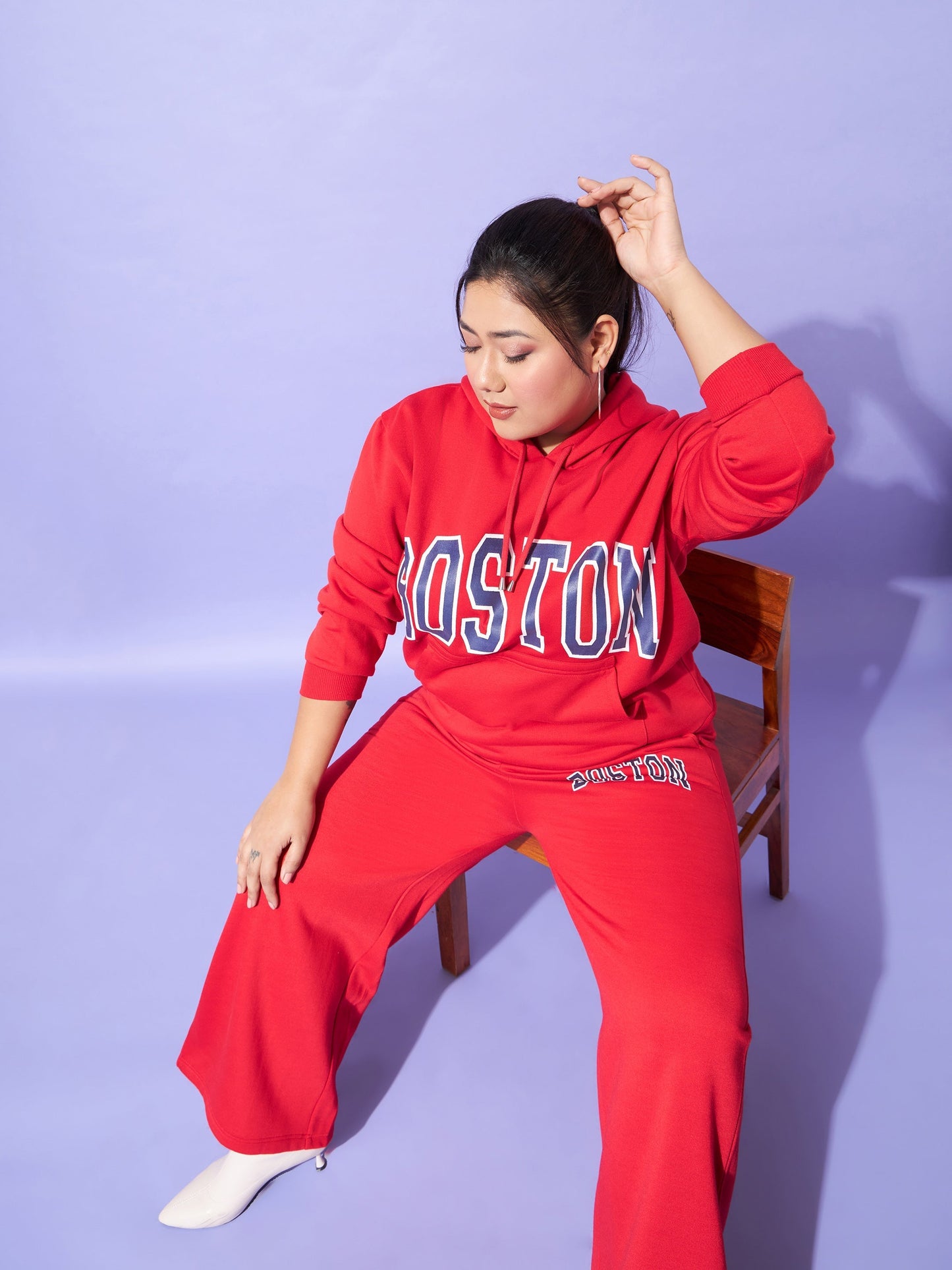 Women Red Fleece Boston Track Pants