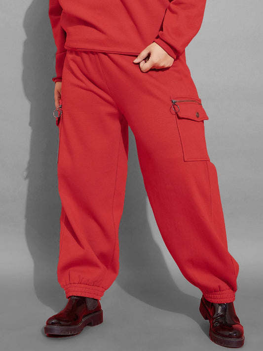 Women Red Fleece Cargo Zipper Joggers