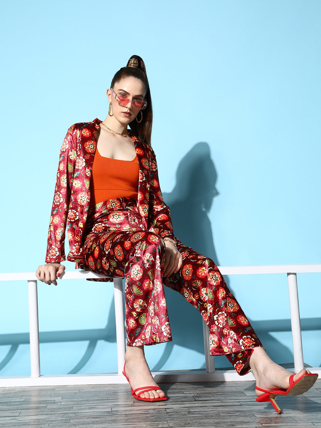 Women Maroon Floral Velvet Bell Bottom Pants