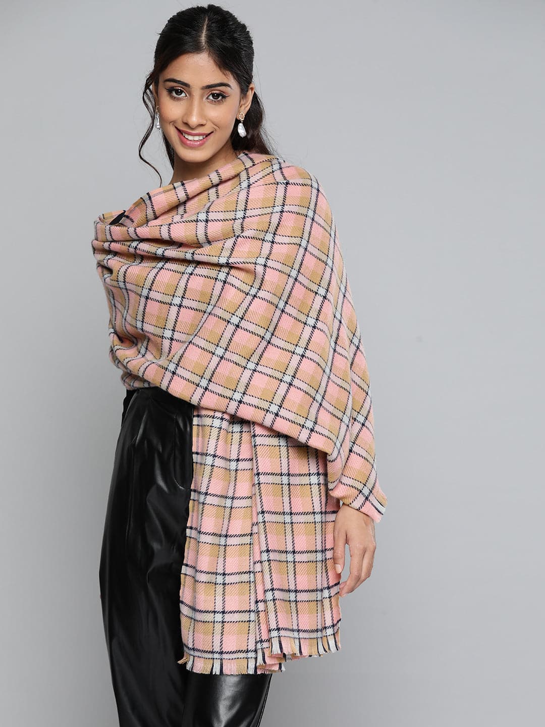 Peach & Navy Polyester Check Stole-Scarves & Stoles-SASSAFRAS