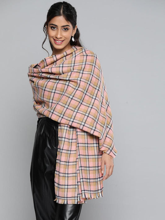 Peach & Navy Polyester Check Stole-Scarves & Stoles-SASSAFRAS