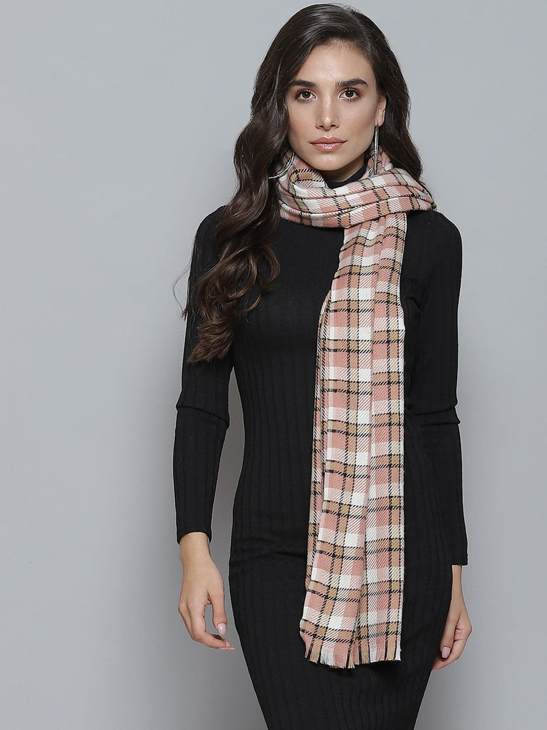 Brown & Black Polyester Check Stole-Scarves & Stoles-SASSAFRAS