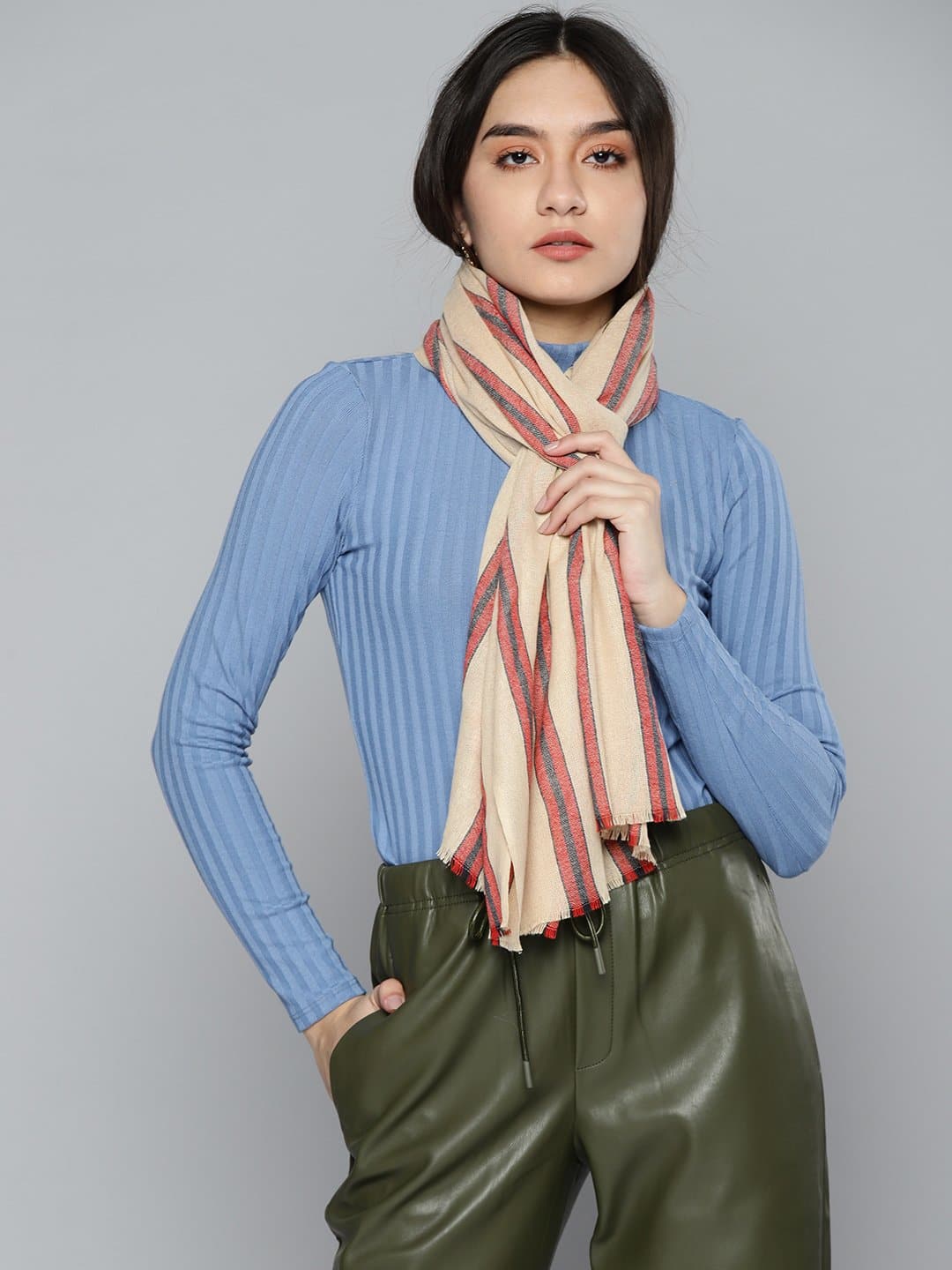 Camel Brown & Maroon Check Stole-Scarves & Stoles-SASSAFRAS