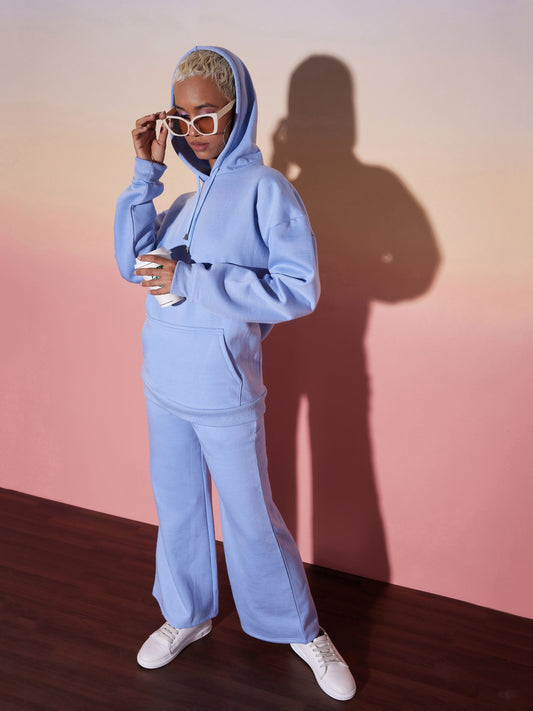 Aqua Blue Oversize Hooded Sweatshirt With Wide Leg Pants-SASSAFRAS alt-laze