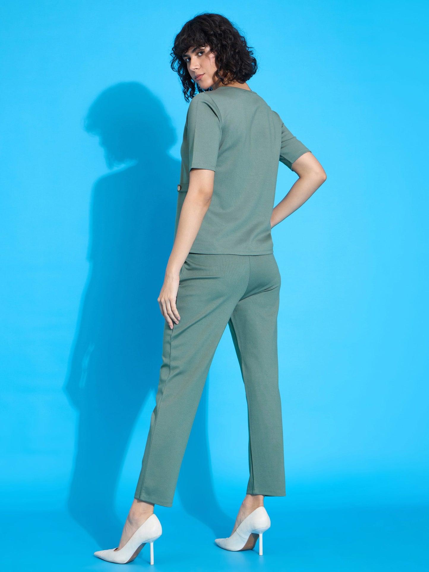 Green Half Sleeves Top With Tapered Pants-SASSAFRAS worklyf