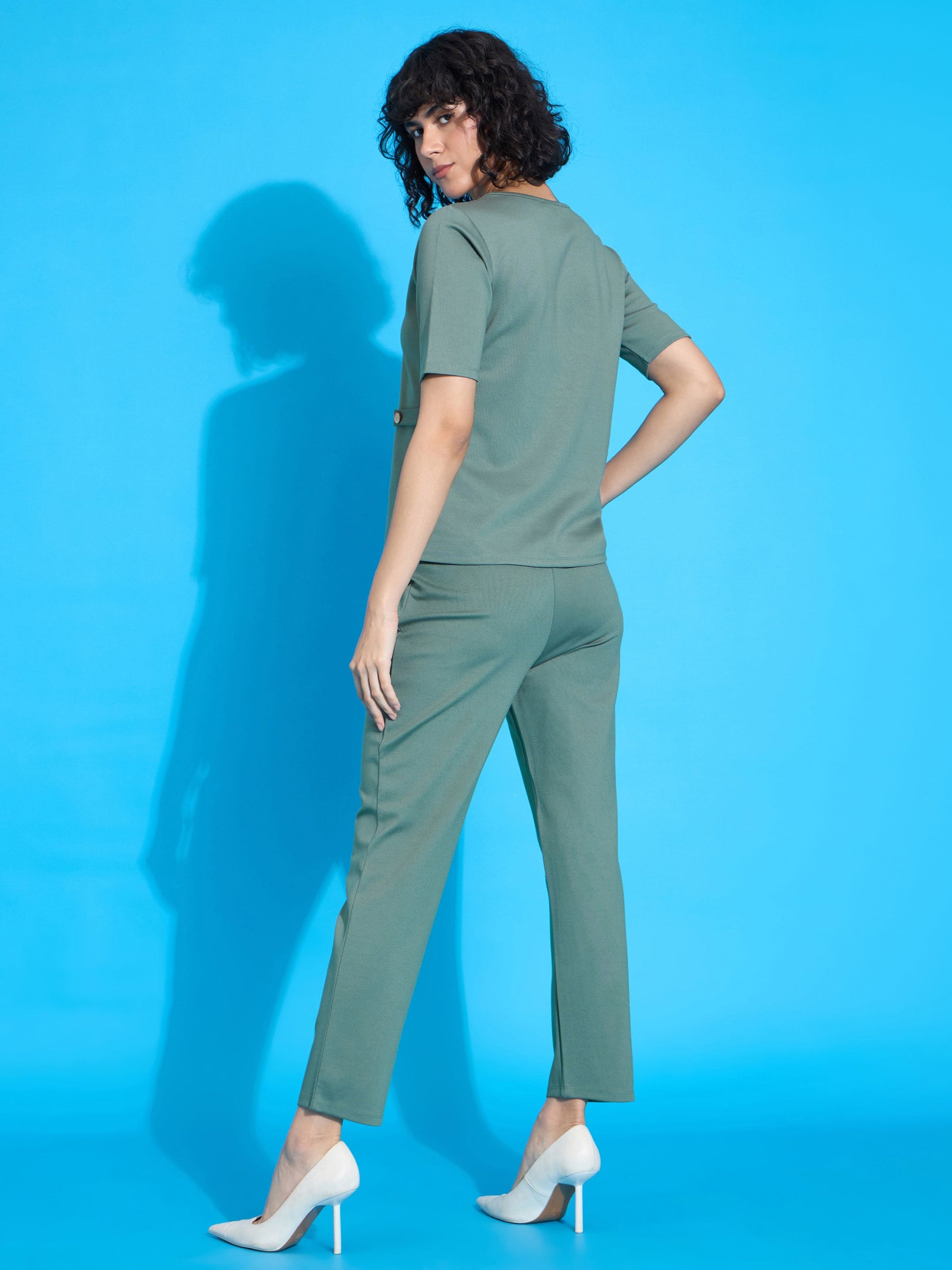 Green Half Sleeves Top With Tapered Pants-SASSAFRAS worklyf