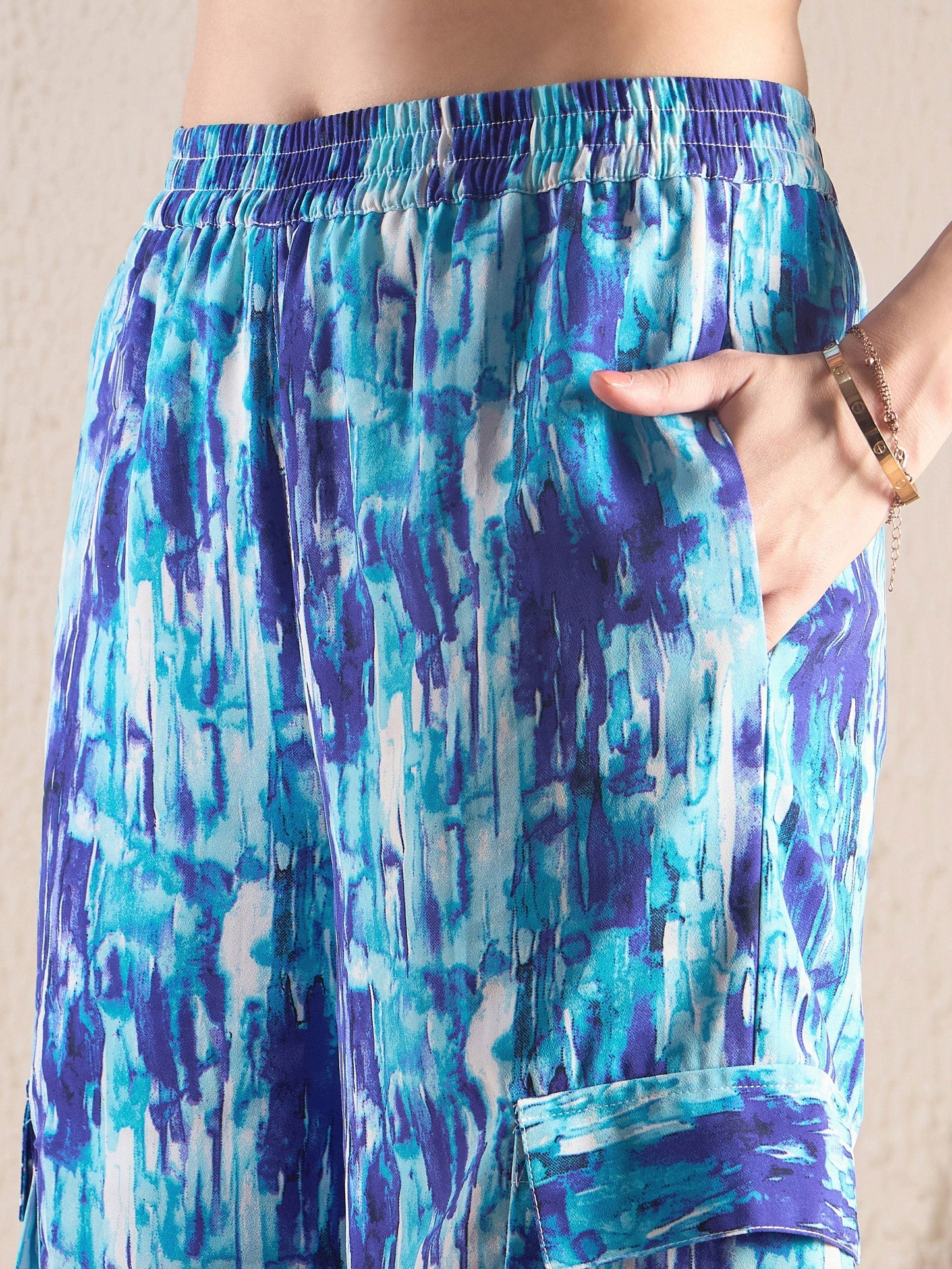 Blue Brushstroke Tie Shirt With Ruched Cargo Pants-SASSAFRAS