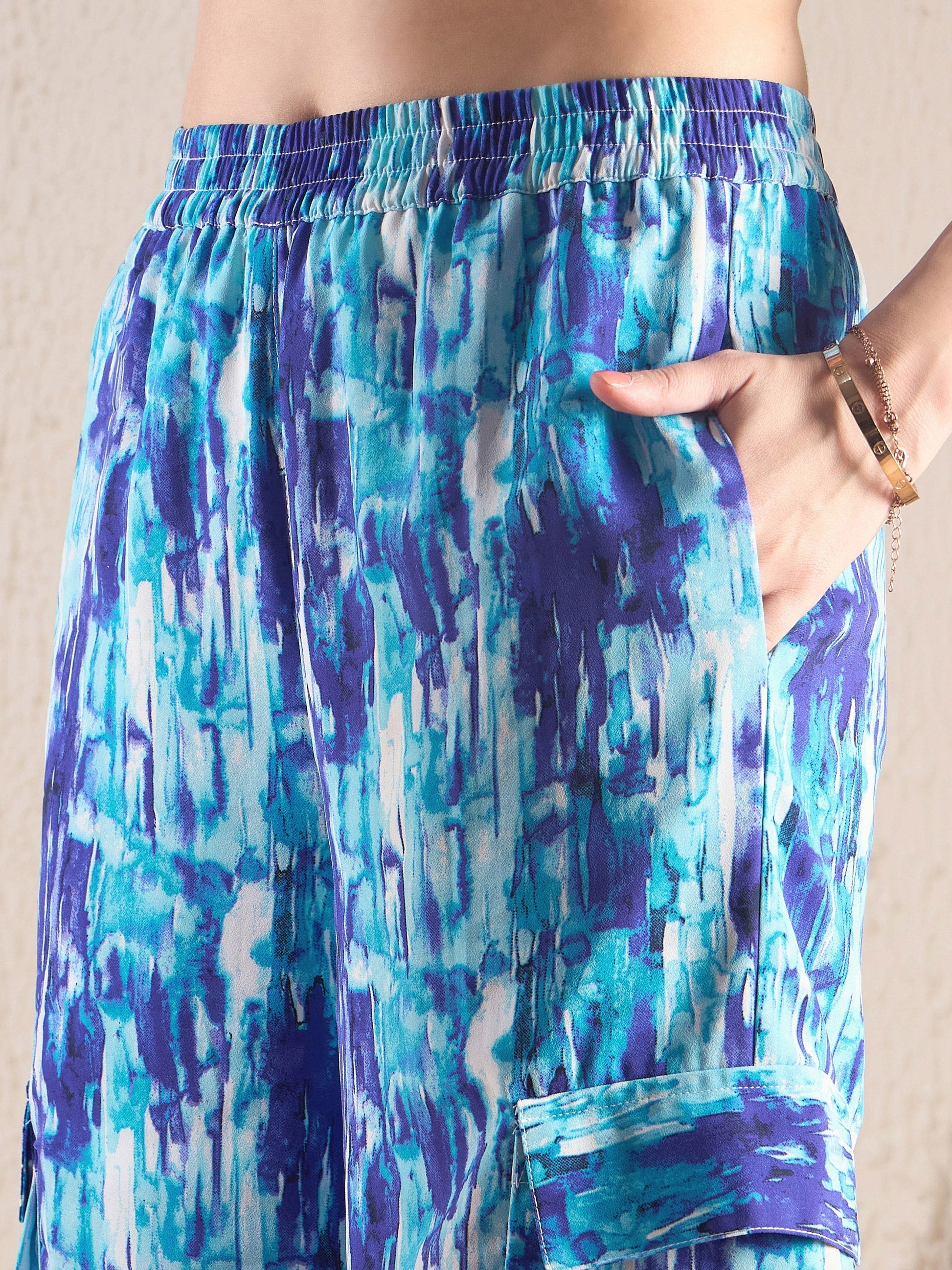 Blue Brushstroke Tie Shirt With Ruched Cargo Pants-SASSAFRAS