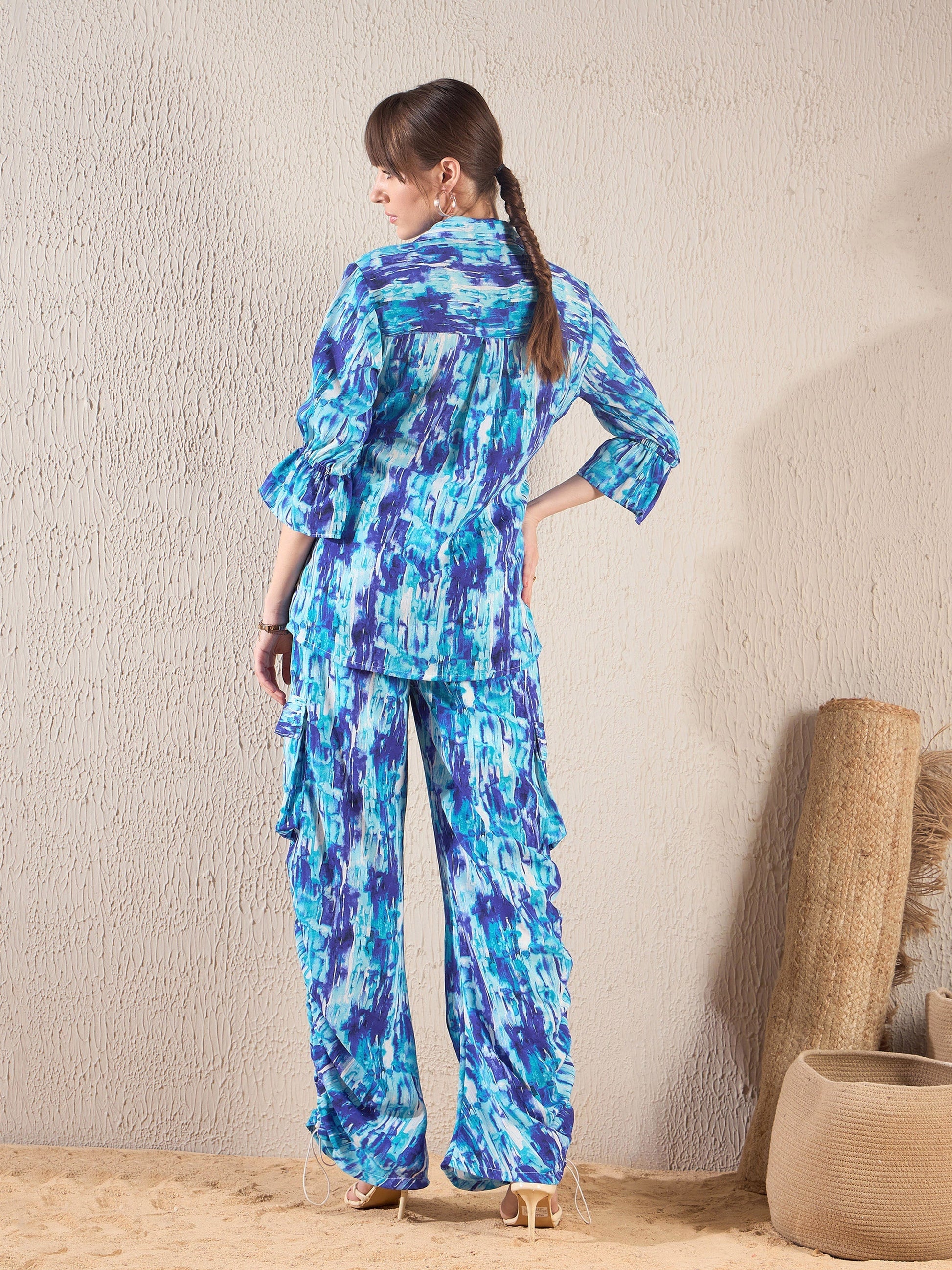 Blue Brushstroke Tie Shirt With Ruched Cargo Pants-SASSAFRAS