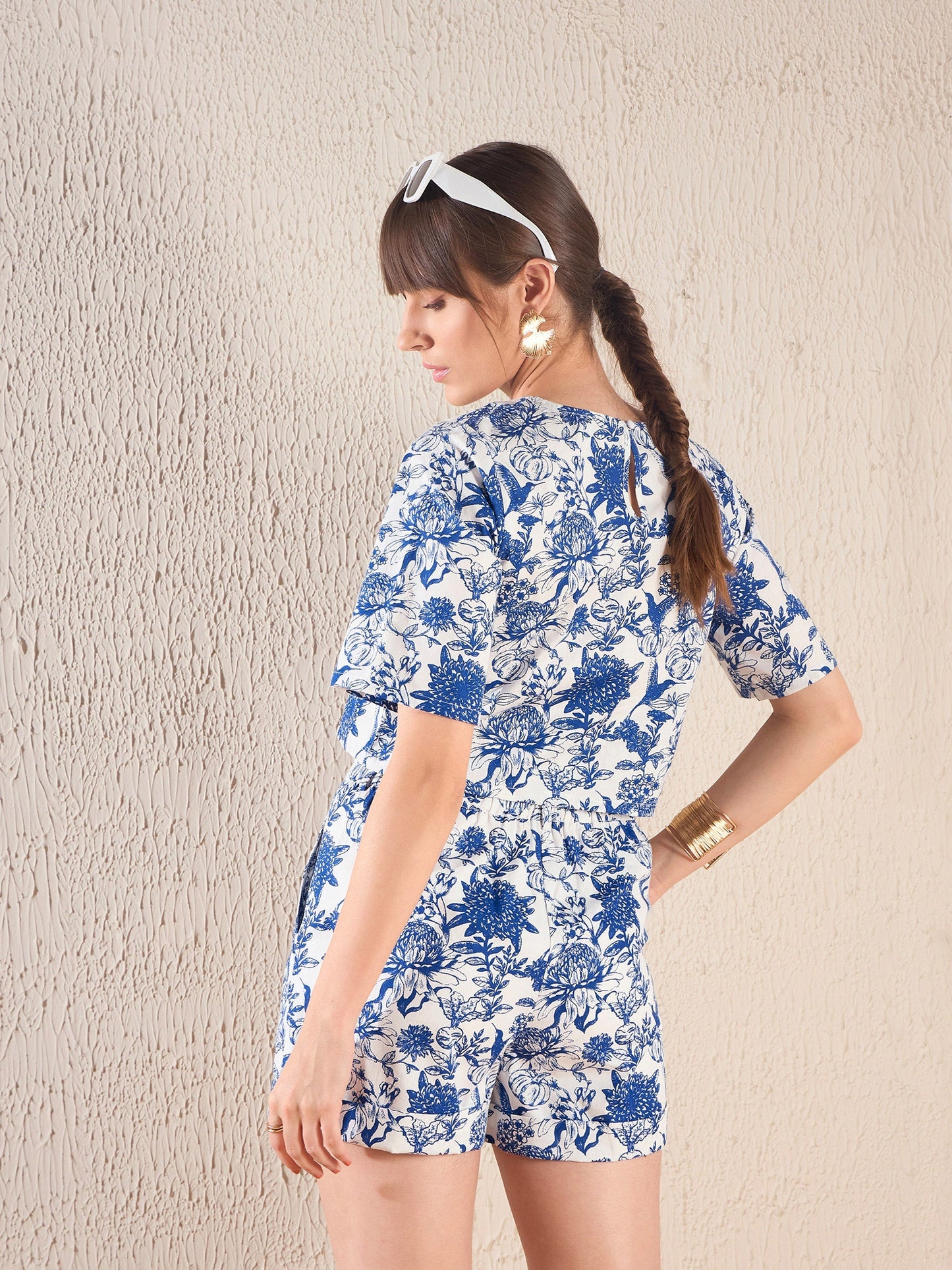 Navy Floral Crop Top With Hem Fold Shorts-SASSAFRAS