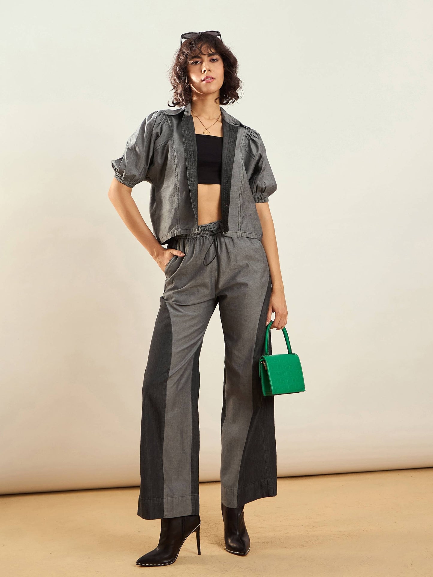 Women Grey Tencel Colorblock Shirt With Straight Pants