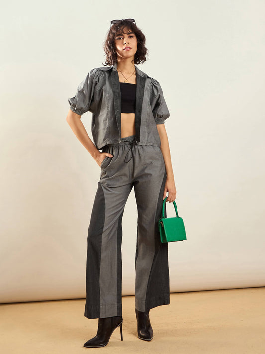 Women Grey Tencel Colorblock Shirt With Straight Pants
