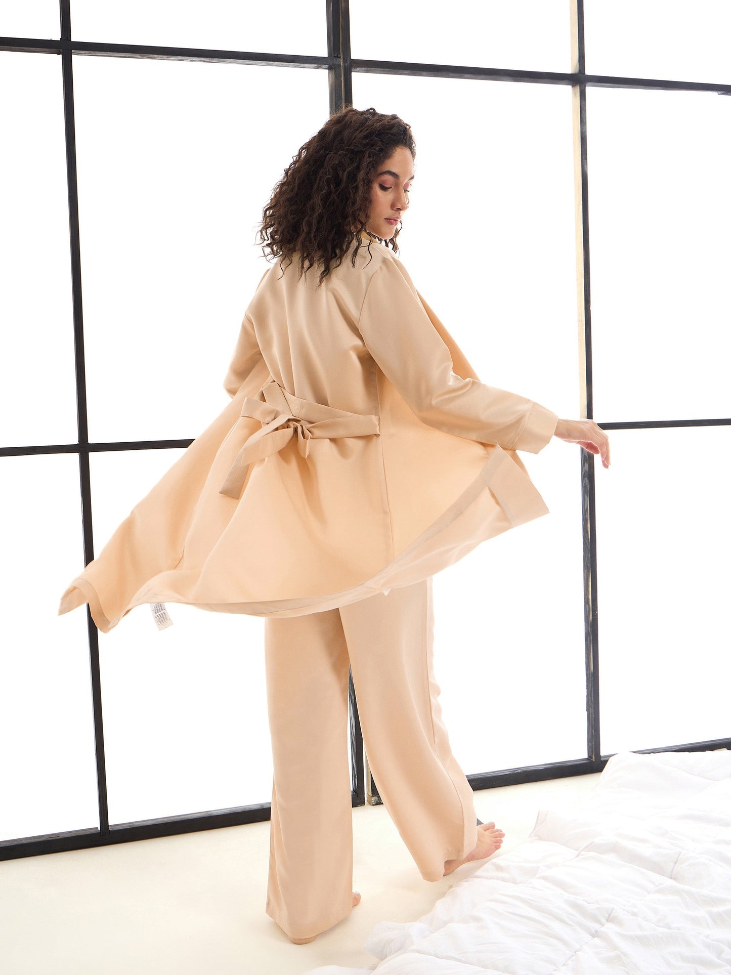 Women Beige Satin Strappy Top With Pants & Shrug