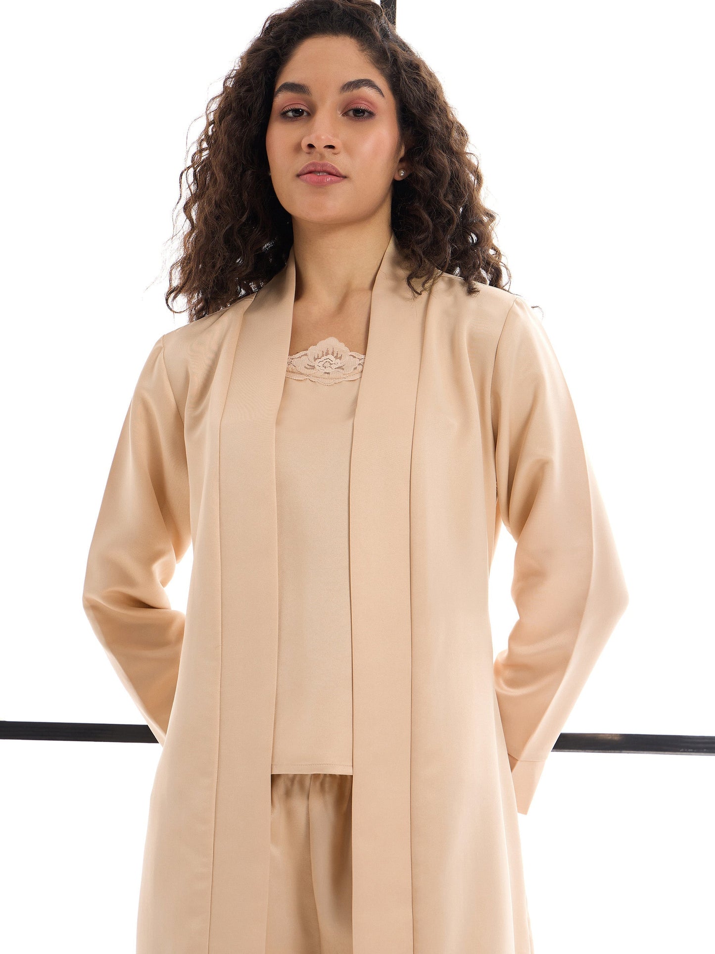 Women Beige Satin Strappy Top With Pants & Shrug