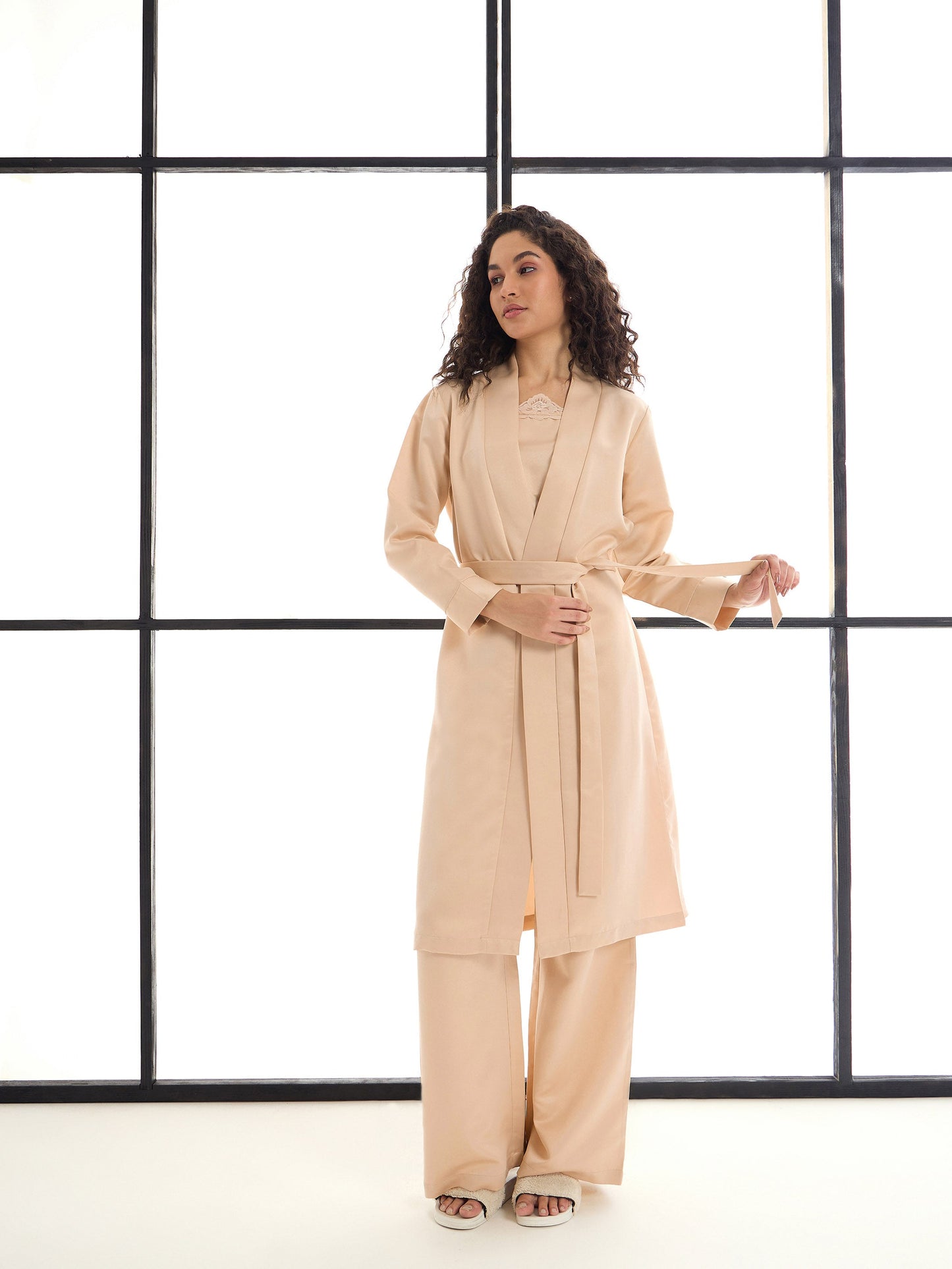 Women Beige Satin Strappy Top With Pants & Shrug
