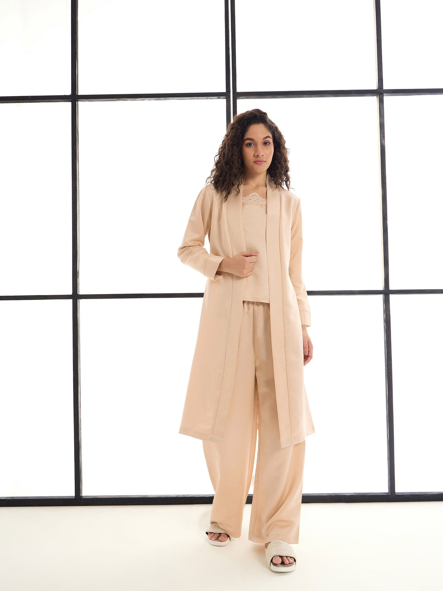 Women Beige Satin Strappy Top With Pants & Shrug