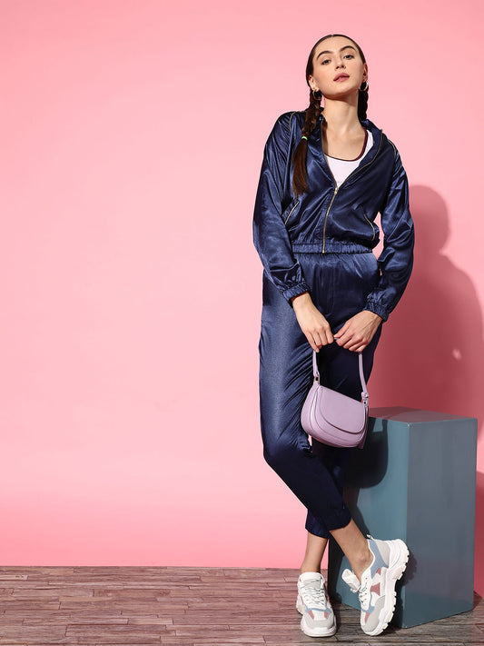 Women Navy Lycra Satin Bomber Jacket With Joggers