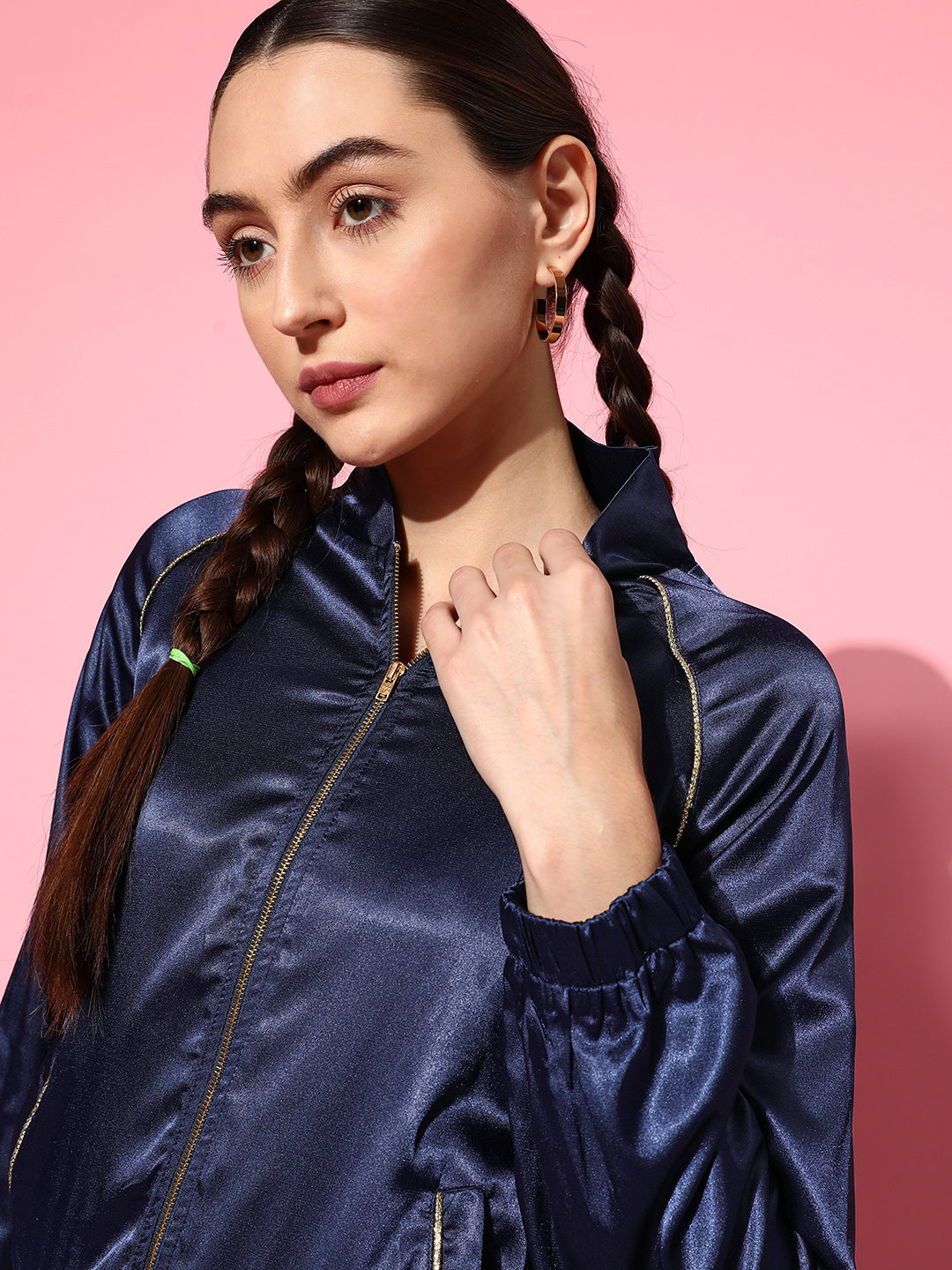 Women Navy Lycra Satin Bomber Jacket With Joggers