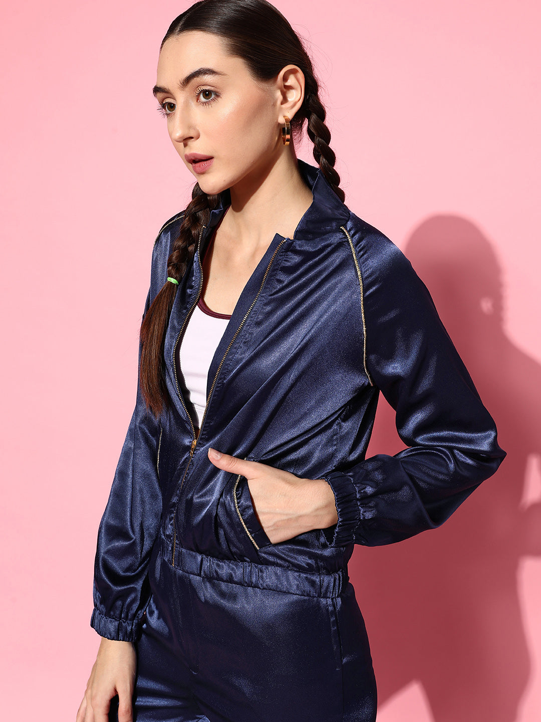 Women Navy Lycra Satin Bomber Jacket With Joggers