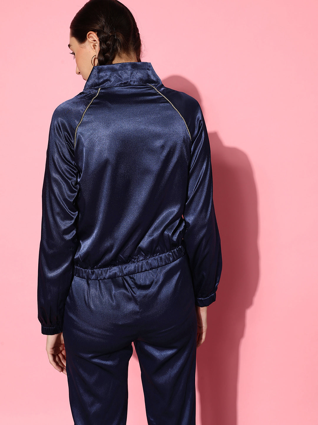 Women Navy Lycra Satin Bomber Jacket With Joggers
