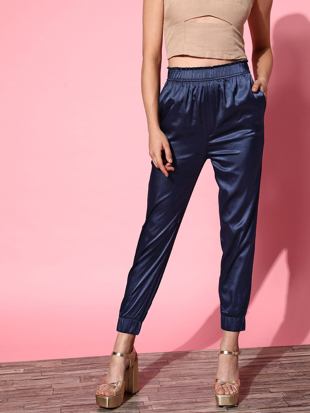 Women Navy Lycra Satin Bomber Jacket With Joggers
