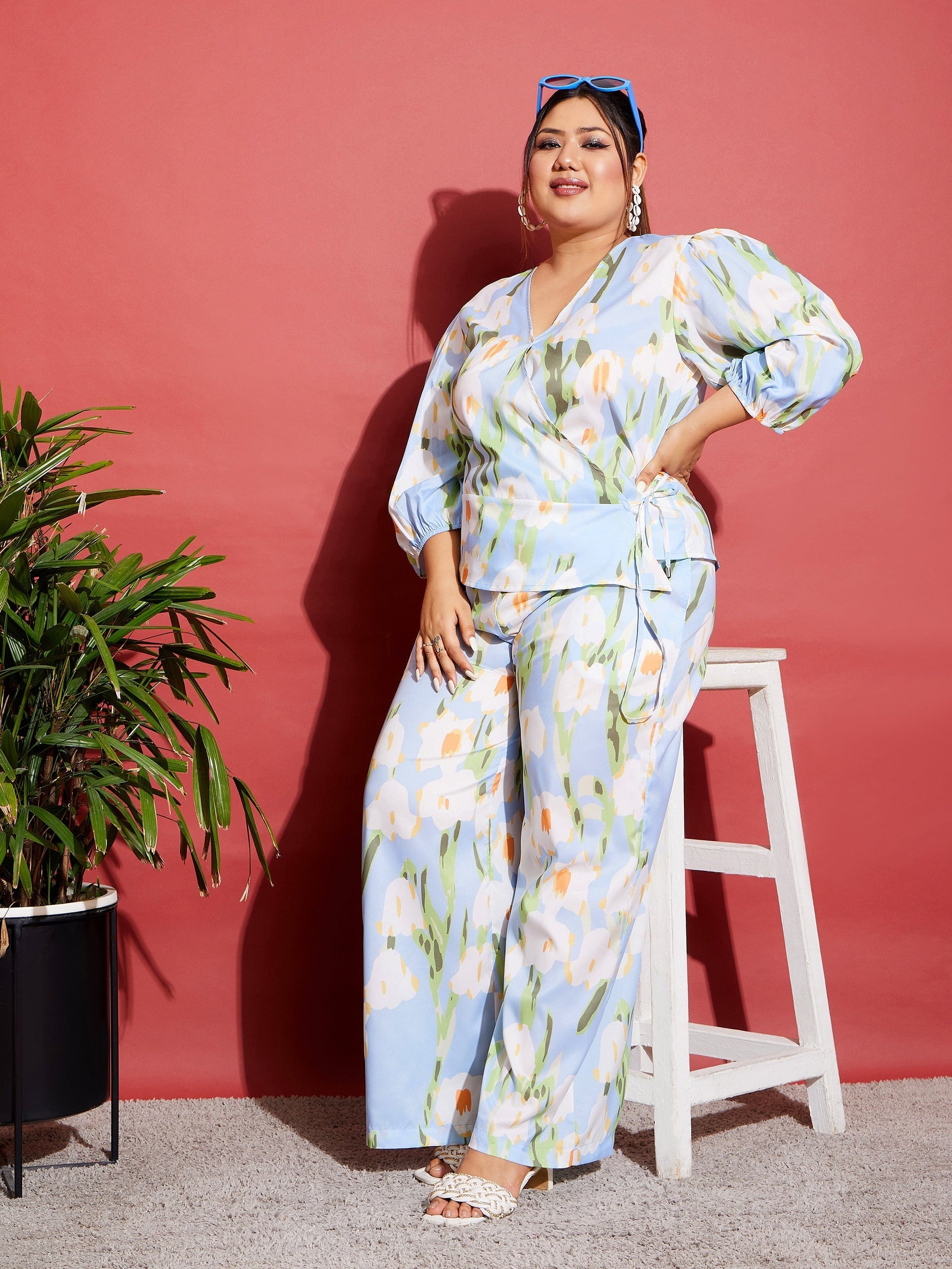 Blue Floral Wrap Top With Straight Pants-SASSAFRAS Curve