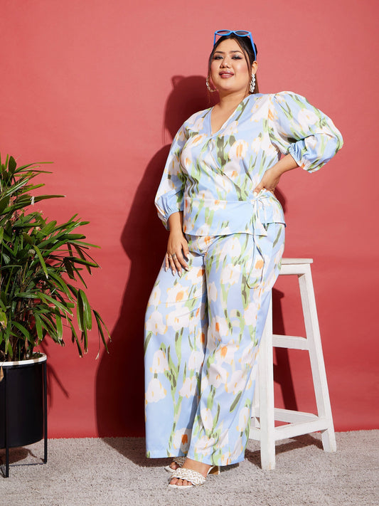 Blue Floral Wrap Top With Straight Pants-SASSAFRAS Curve