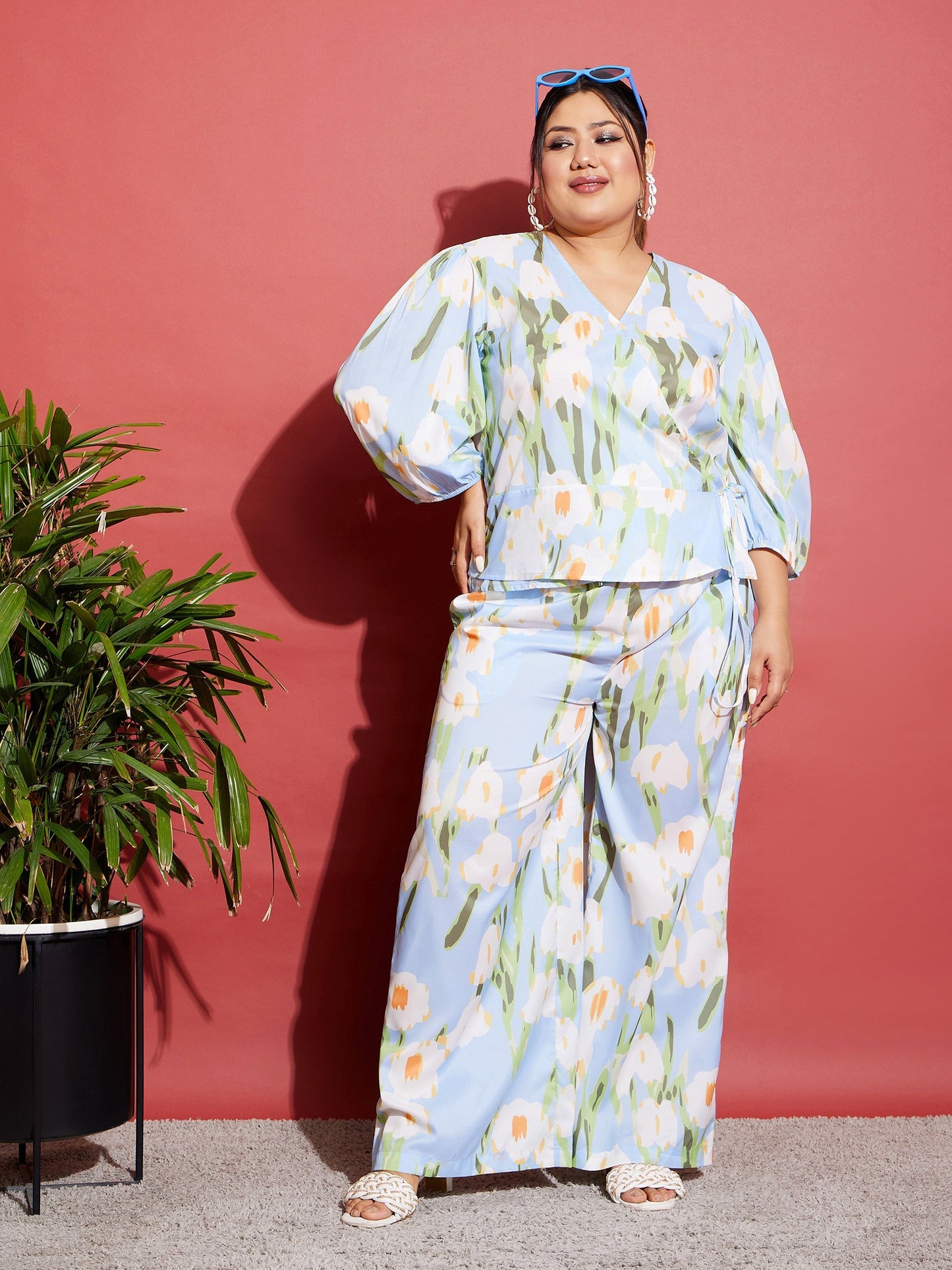 Blue Floral Wrap Top With Straight Pants-SASSAFRAS Curve