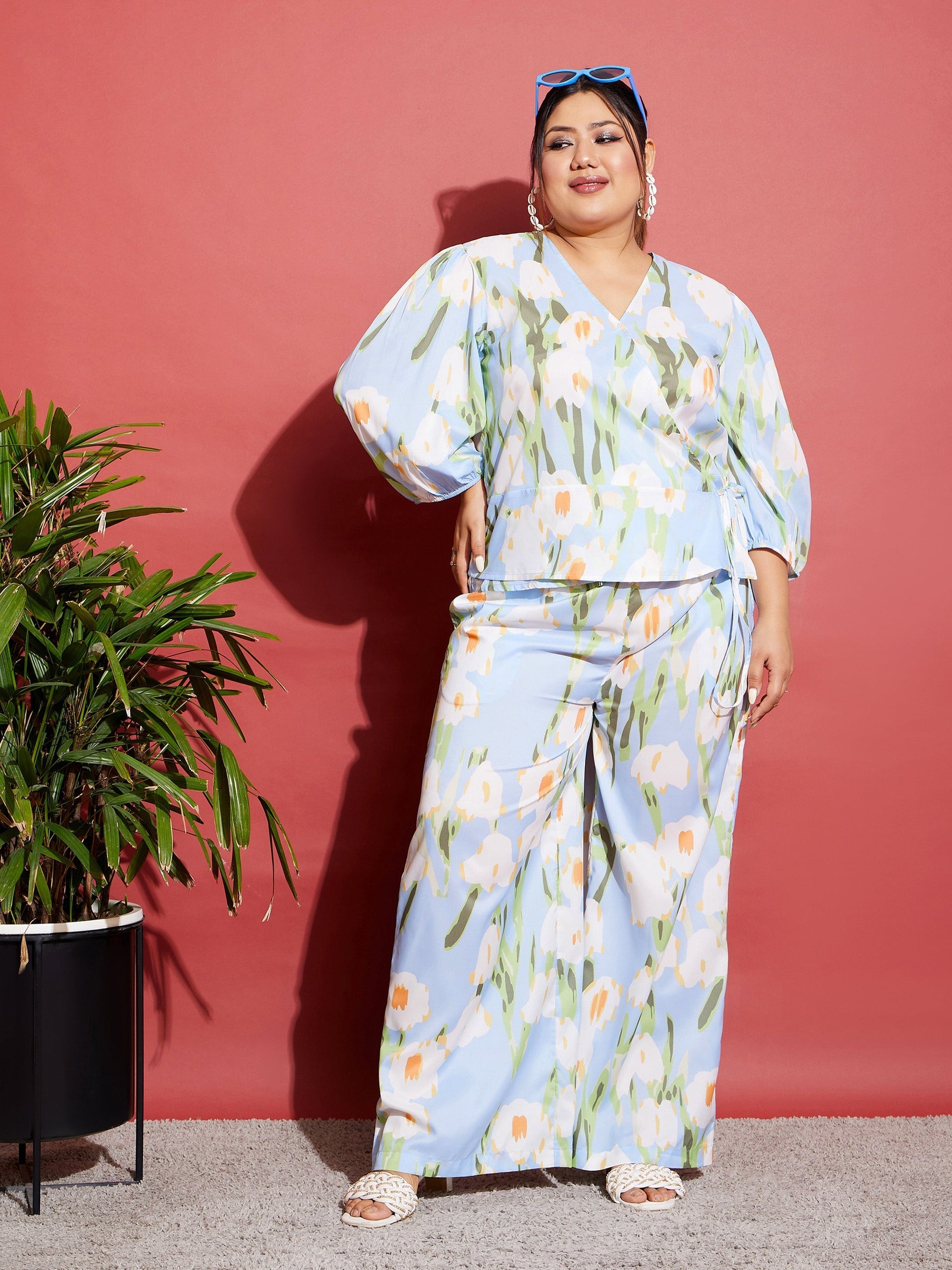 Blue Floral Wrap Top With Straight Pants-SASSAFRAS Curve