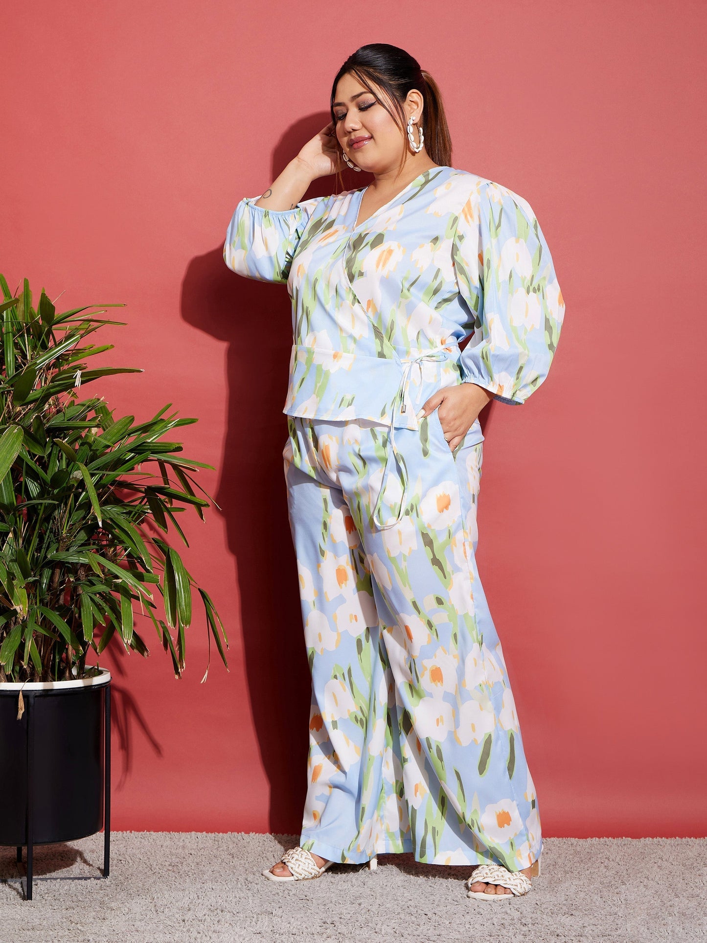 Blue Floral Wrap Top With Straight Pants-SASSAFRAS Curve