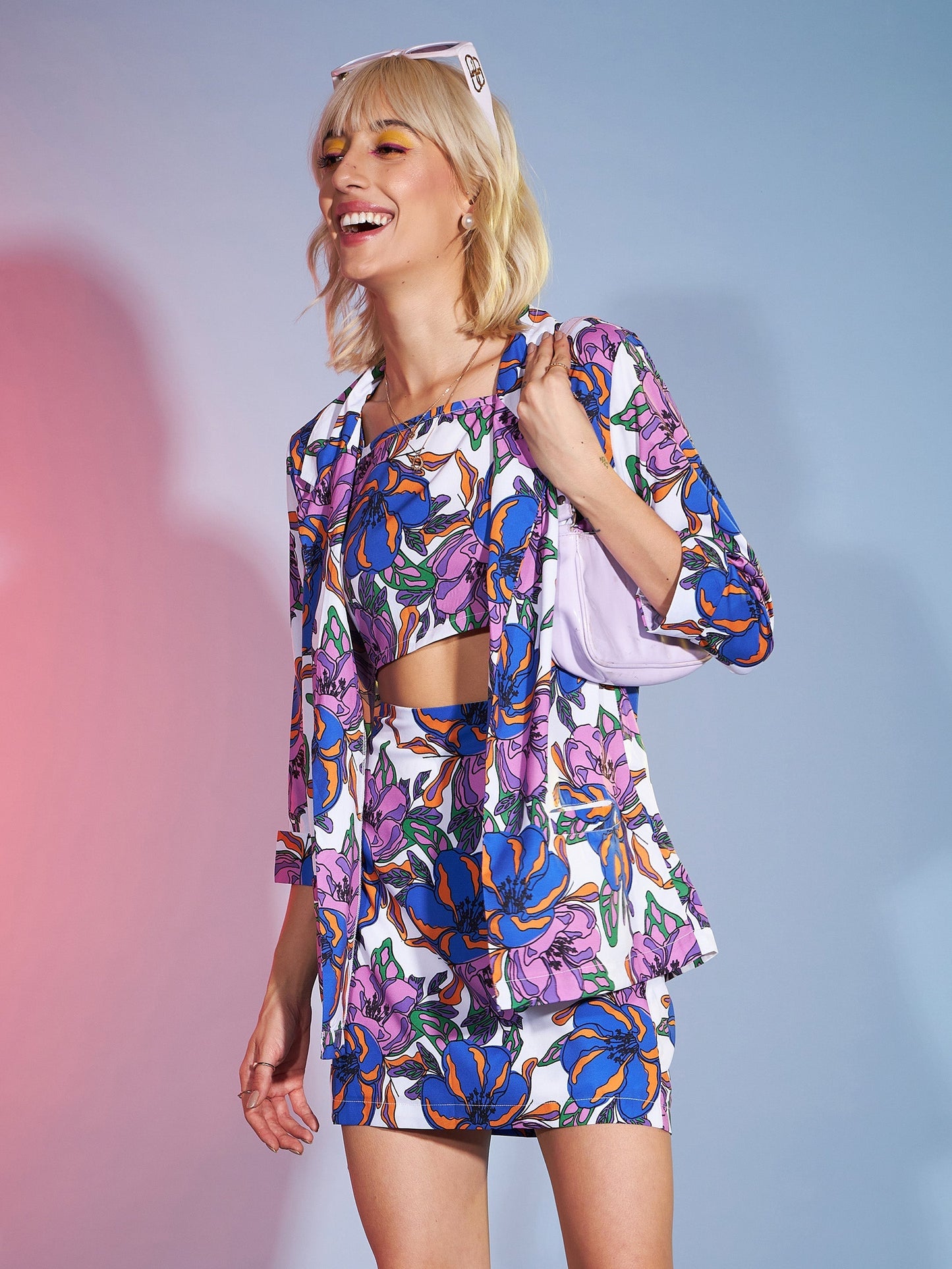 Women Purple Big Floral Crop Top With Skirt And Blazer