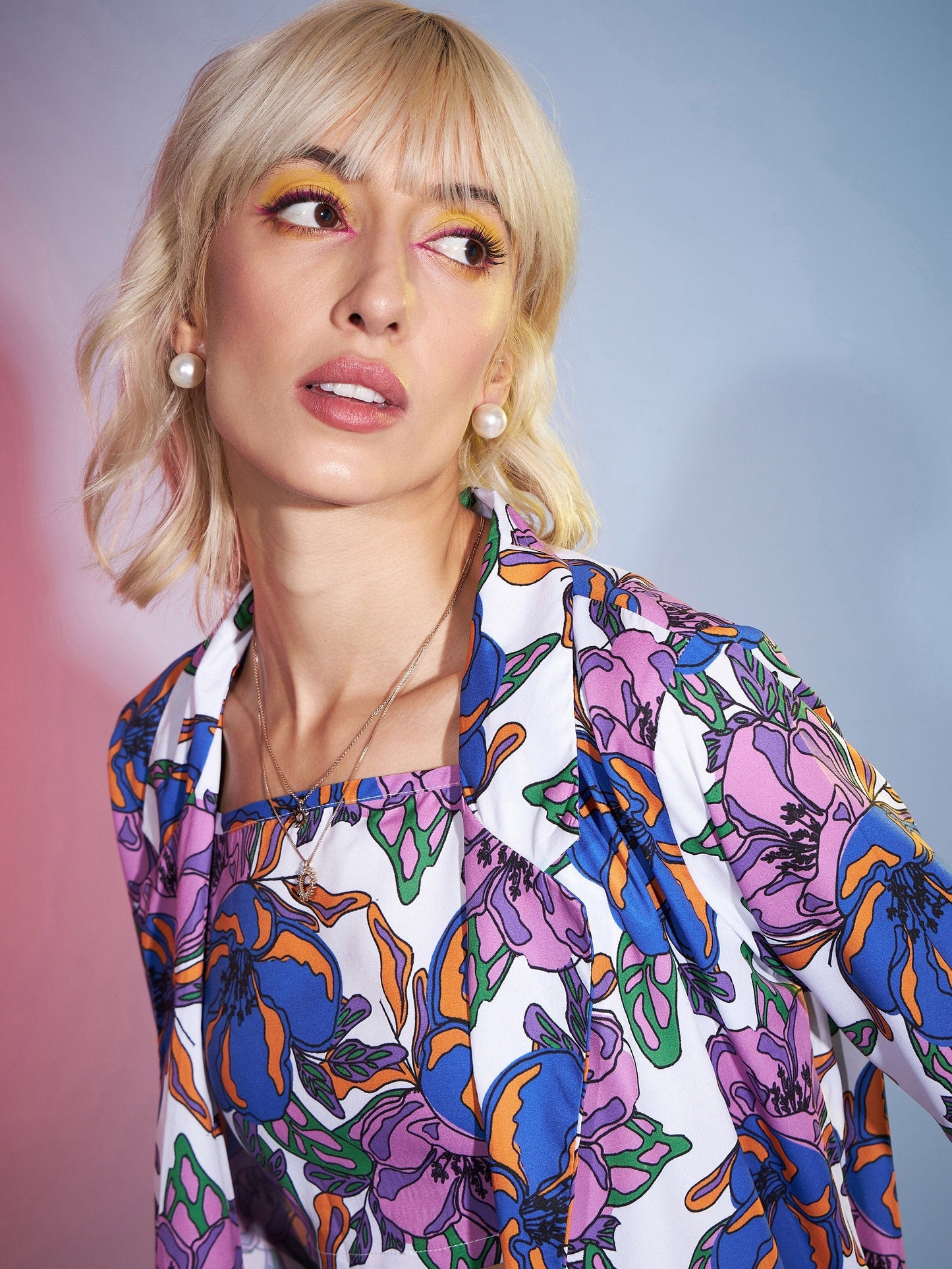 Women Purple Big Floral Crop Top With Skirt And Blazer