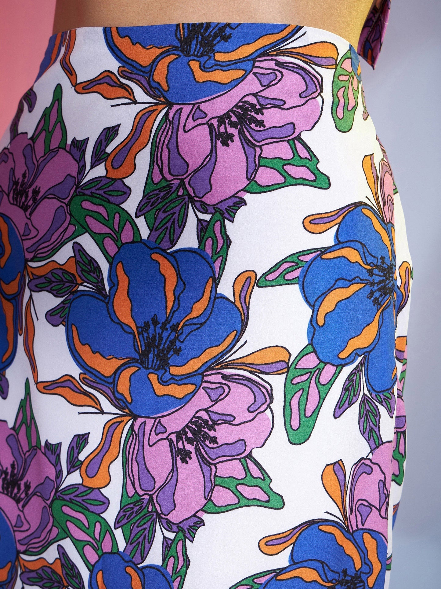 Women Purple Big Floral Crop Top With Skirt And Blazer