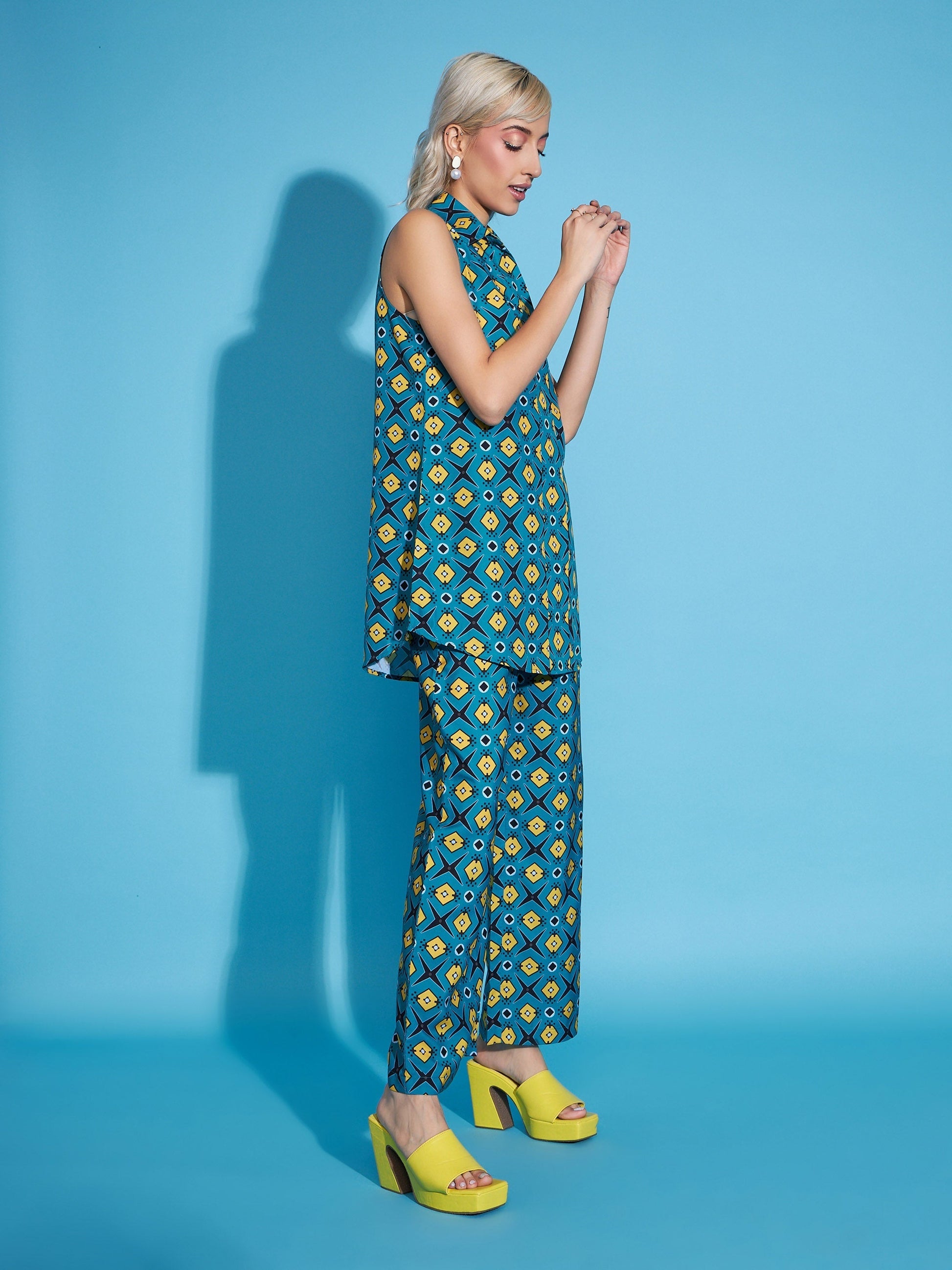 Teal Blue Printed Sleeveless Top With Straight Pants-SASSAFRAS
