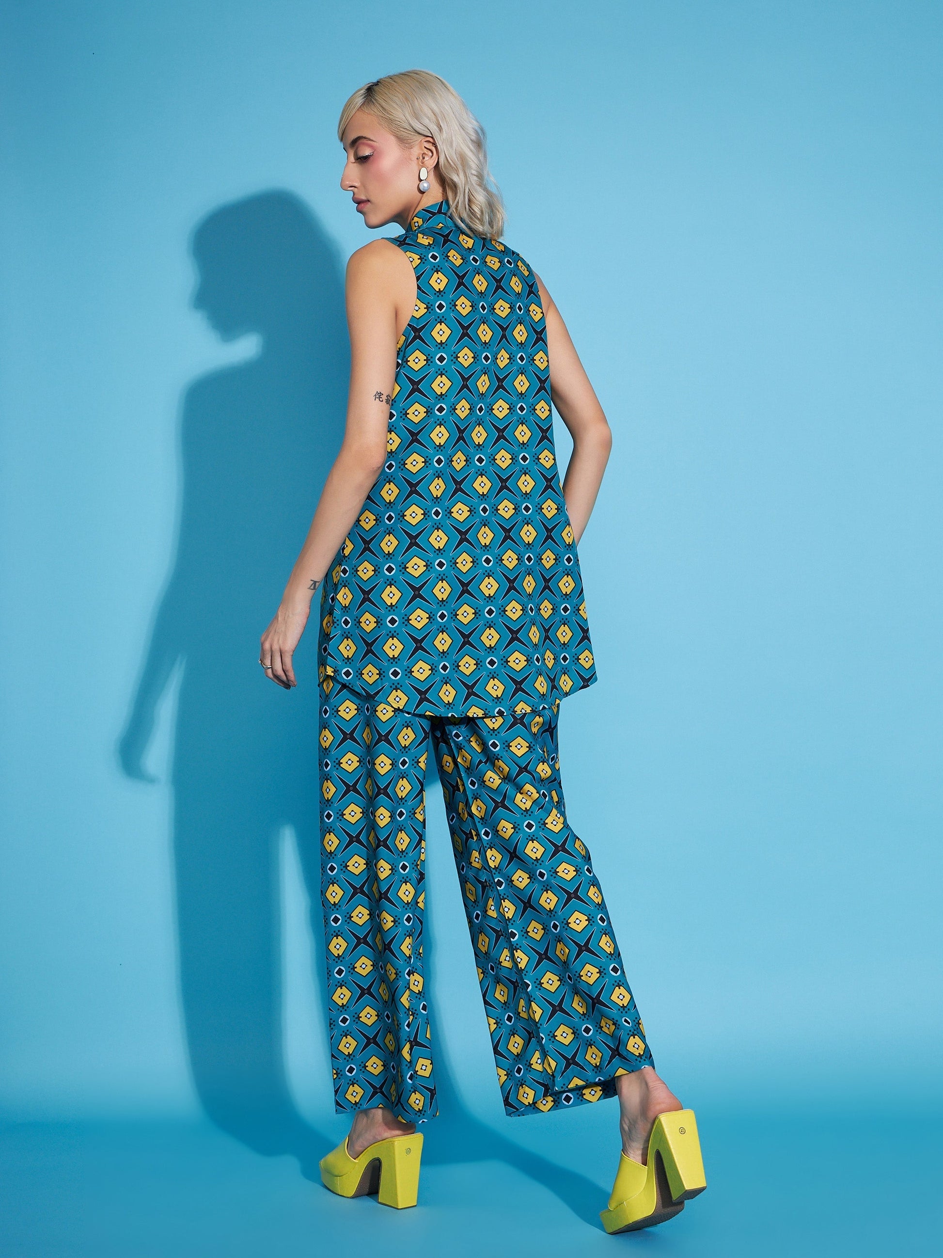 Teal Blue Printed Sleeveless Top With Straight Pants-SASSAFRAS
