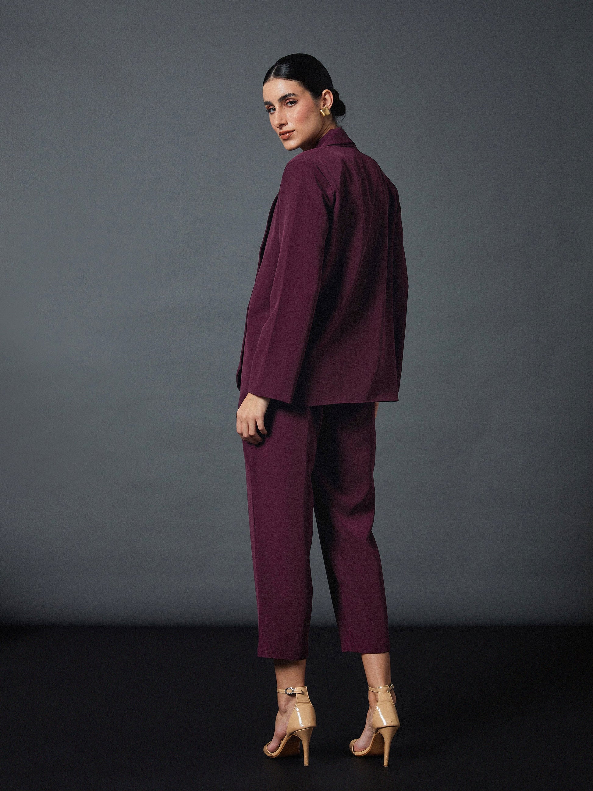 Maroon Shawl Collar Blazer With Balloon Fit Pants-SASSAFRAS worklyf