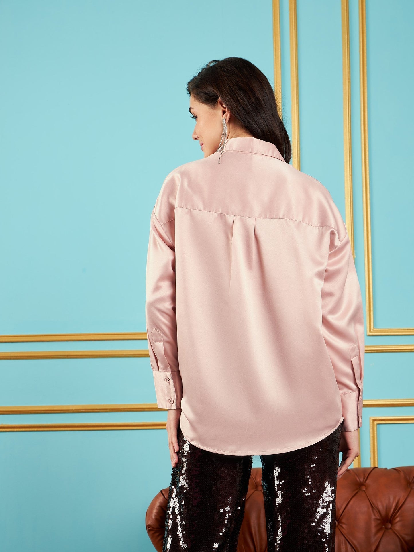 Women Pink Satin Oversized Shirt