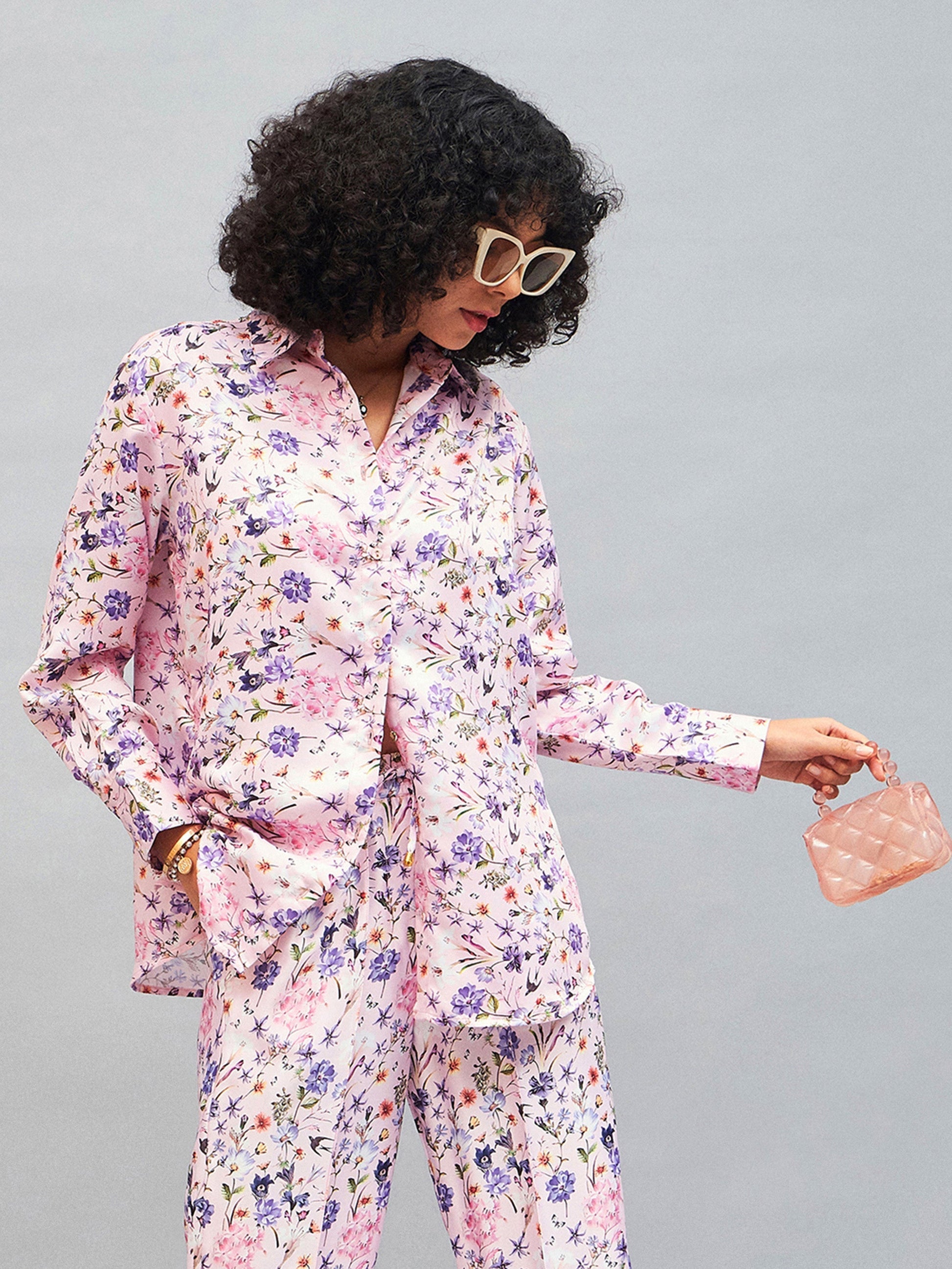 Pink Satin Floral Oversized Shirt-SASSAFRAS
