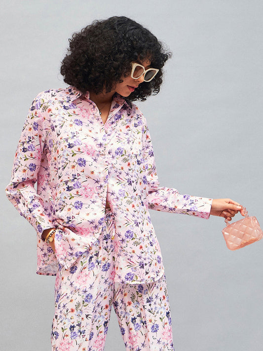 Pink Satin Floral Oversized Shirt-SASSAFRAS
