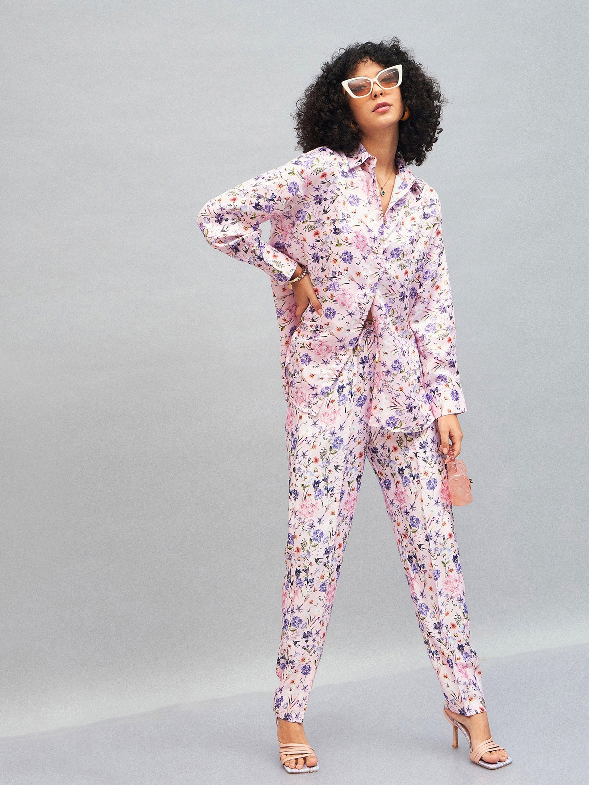 Pink Satin Floral Oversized Shirt-SASSAFRAS