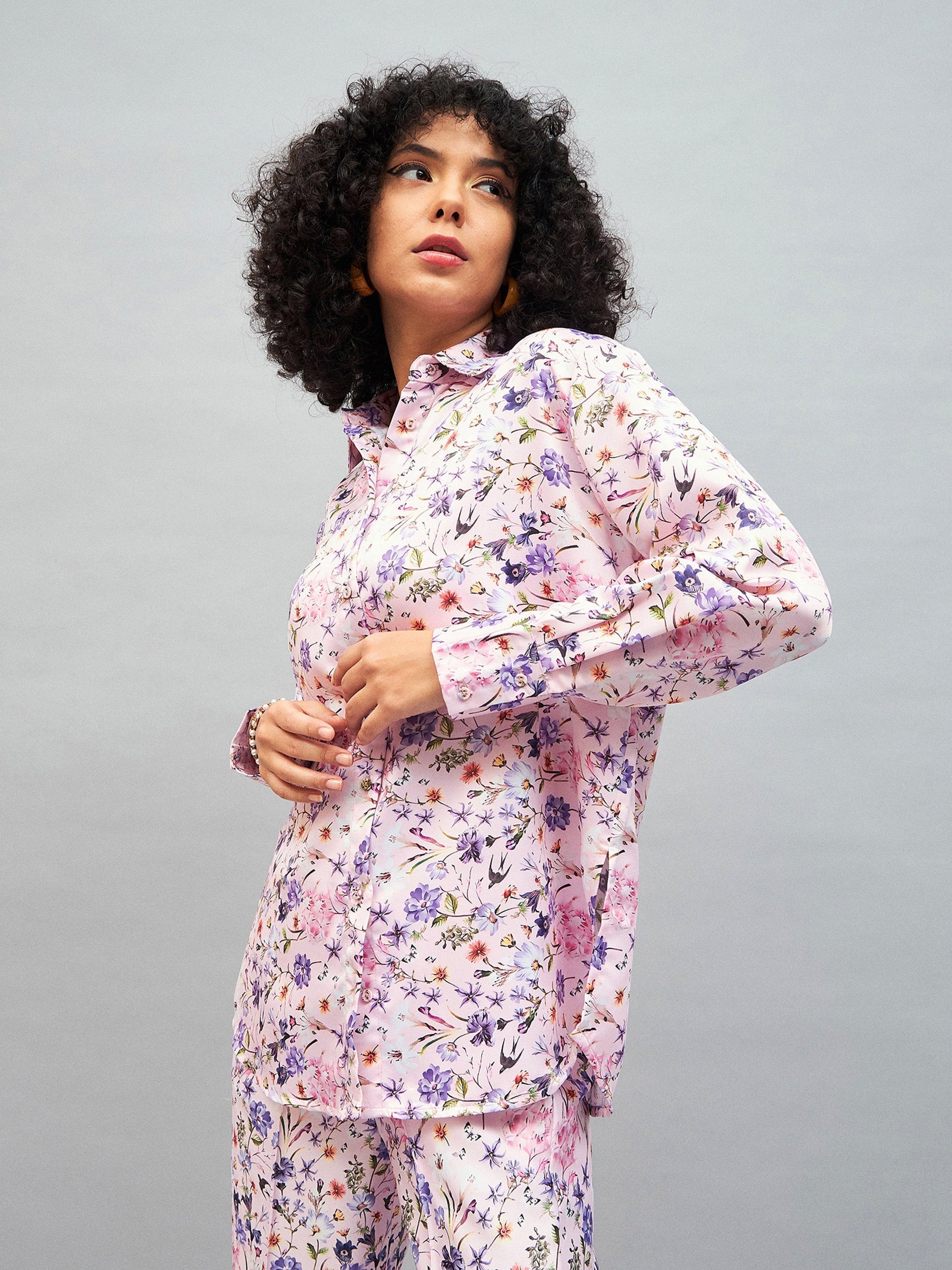 Pink Satin Floral Oversized Shirt-SASSAFRAS