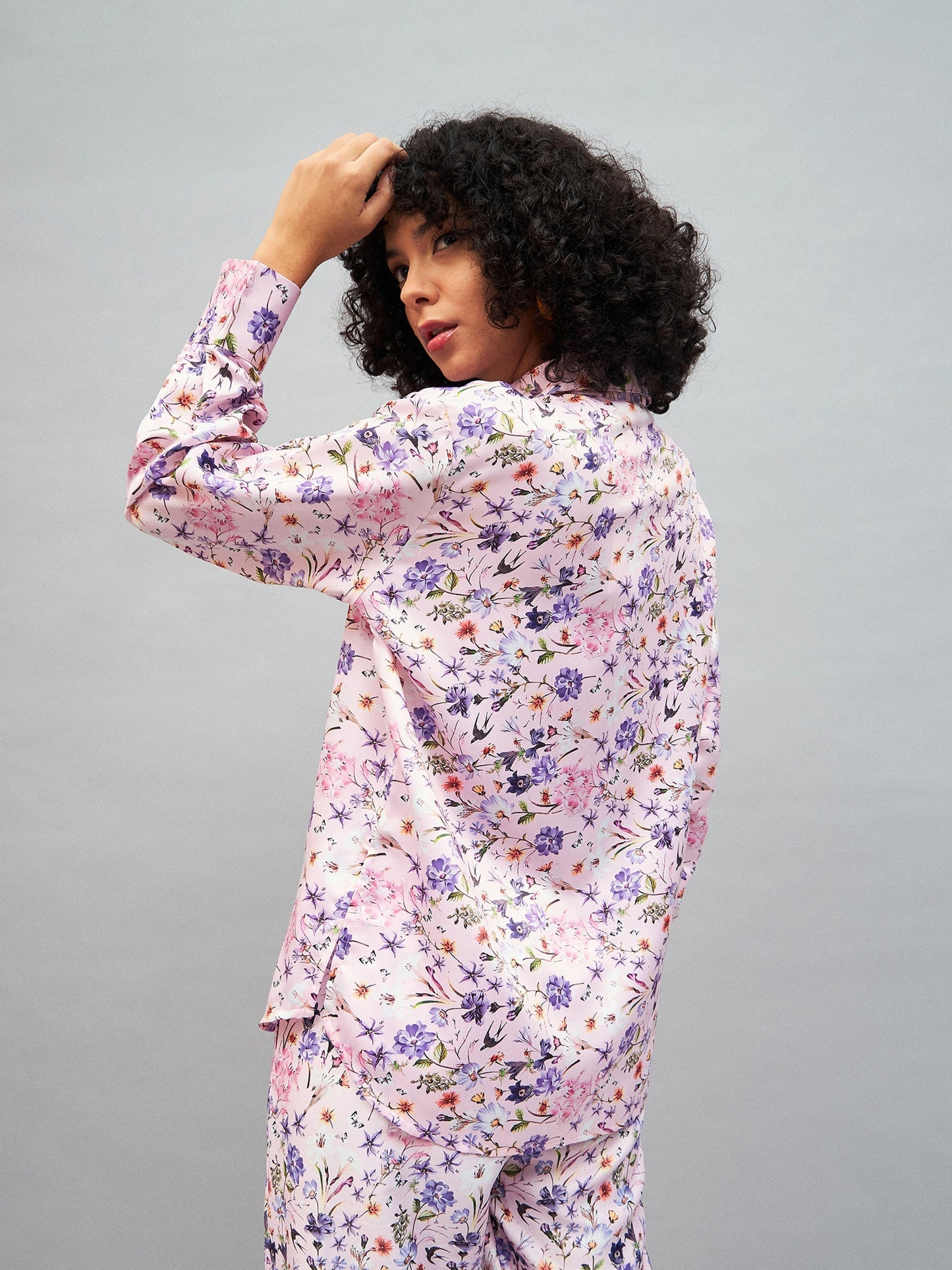 Pink Satin Floral Oversized Shirt-SASSAFRAS